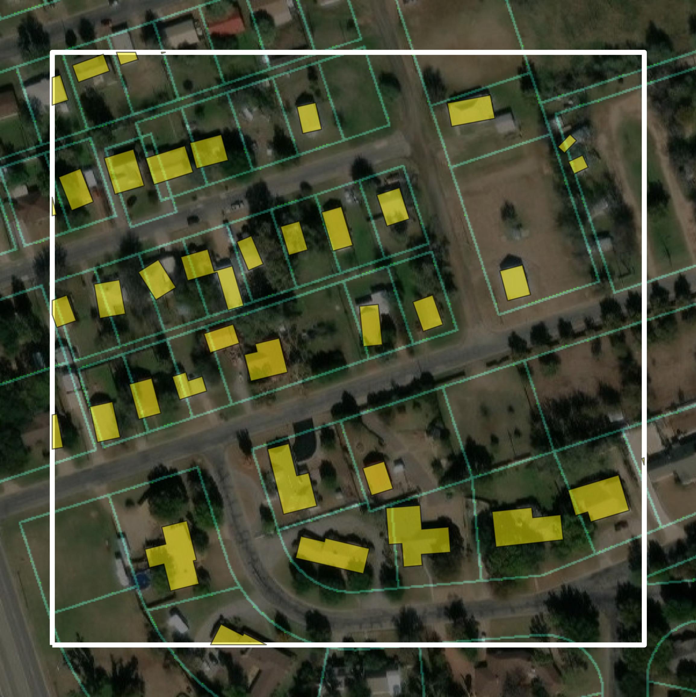This image shows parcel and building data in Wilbarger County created using GIS data in Equator.