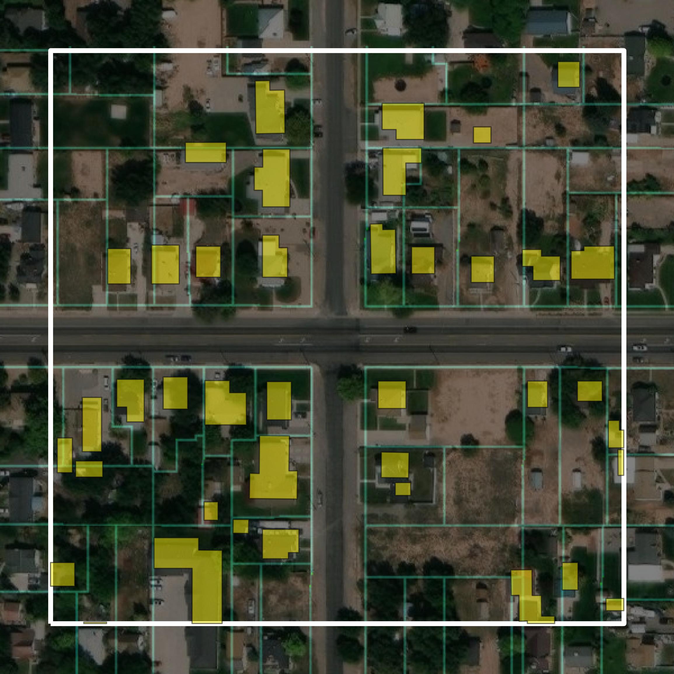 This image shows parcel and building data in Sevier County created using GIS data in Equator.