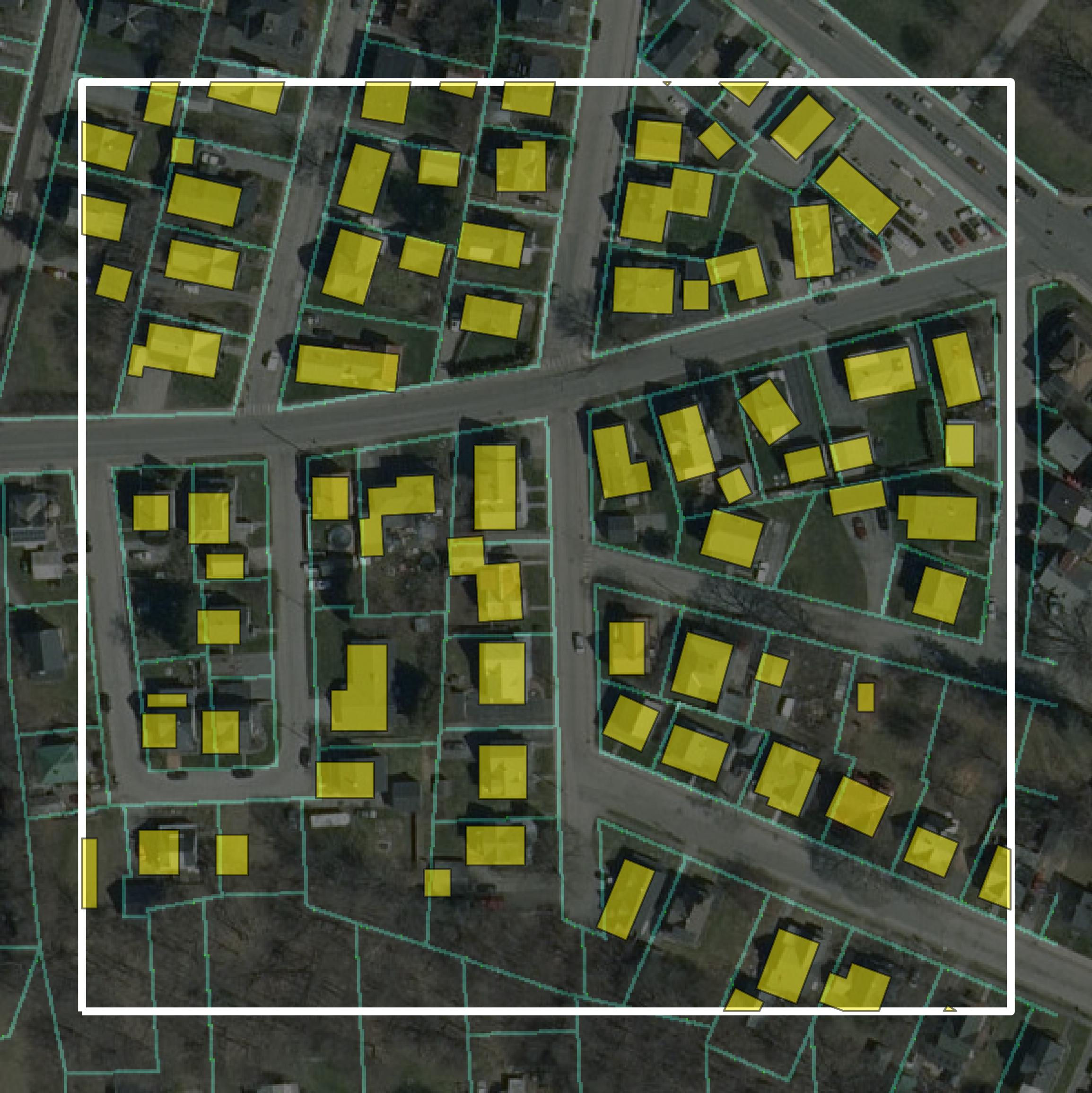 This image shows parcel and building data in Washington County created using GIS data in Equator.