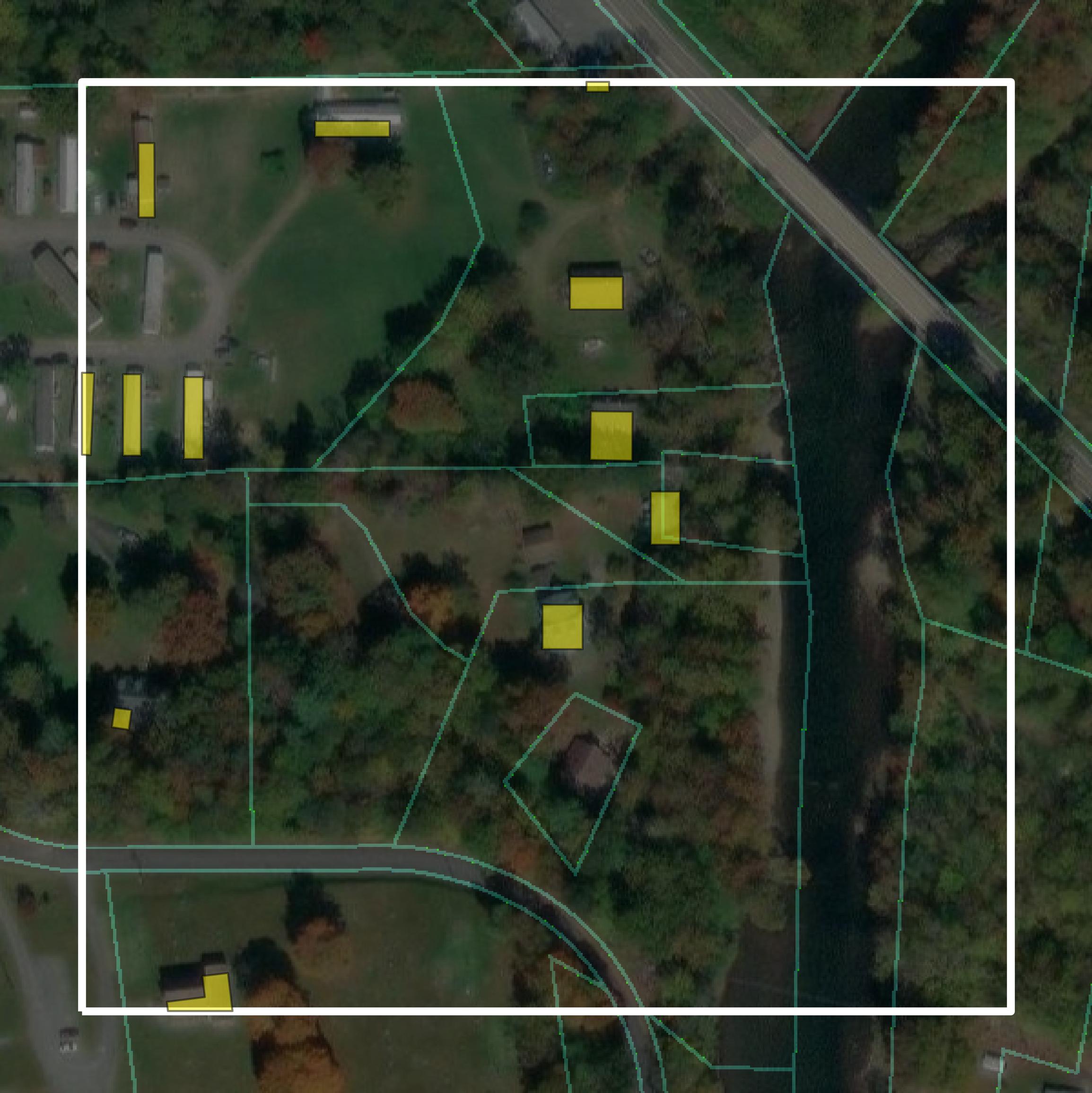 This image shows parcel and building data in Alleghany County created using GIS data in Equator.