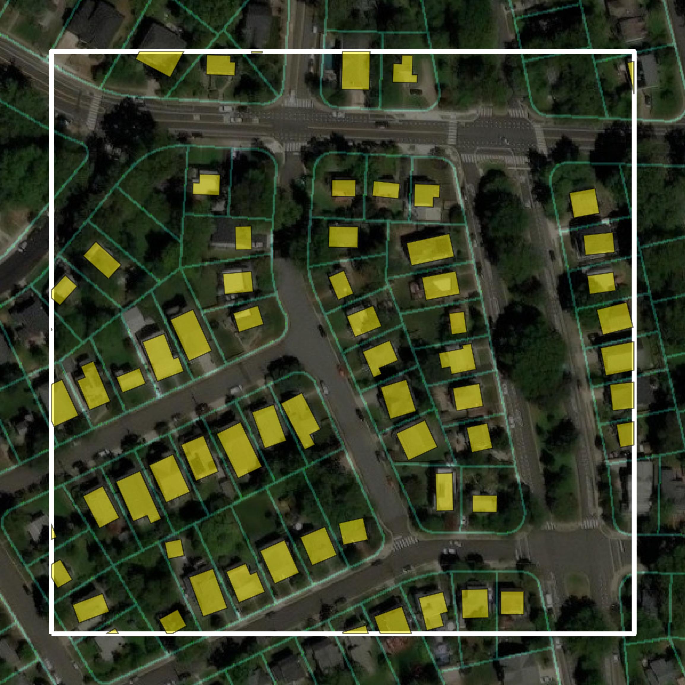 This image shows parcel and building data in Arlington County created using GIS data in Equator.
