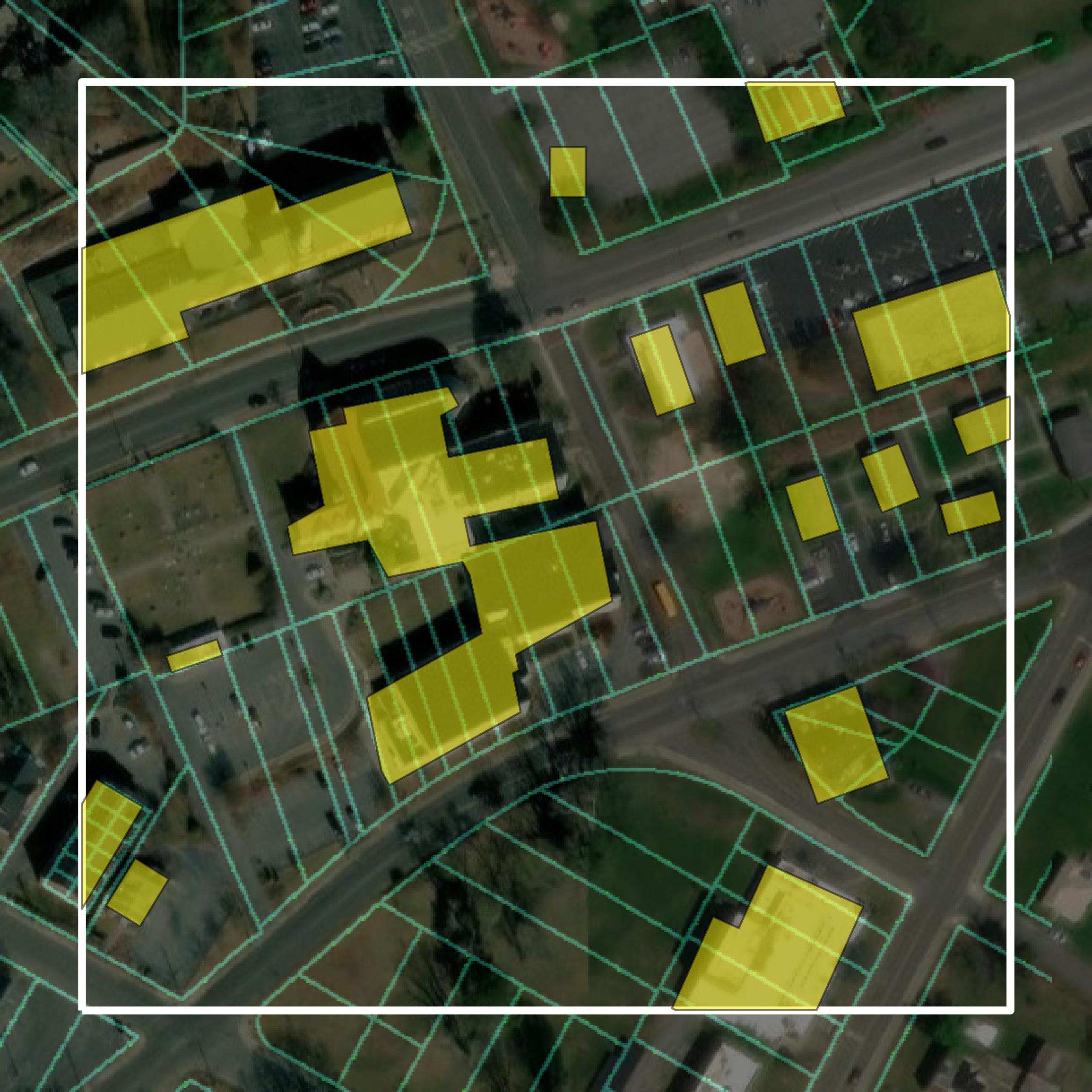 This image shows parcel and building data in Bristol city created using GIS data in Equator.