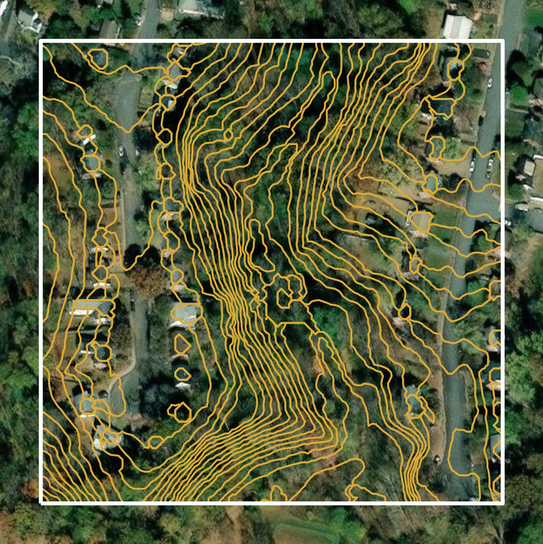 This image shows a contour map in Charlottesville city created using GIS data in Equator.