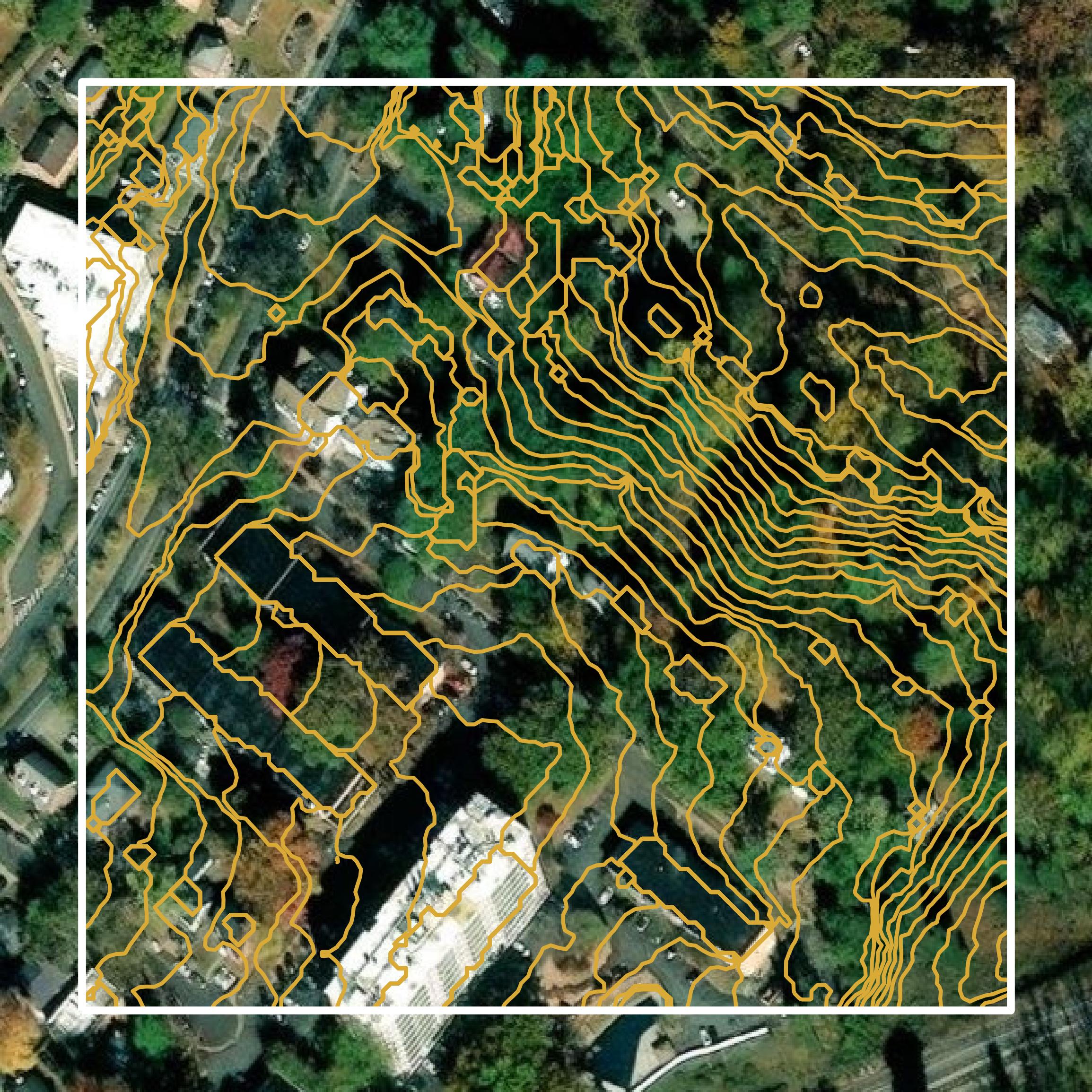 This image shows a contour map in Charlottesville city created using GIS data in Equator.