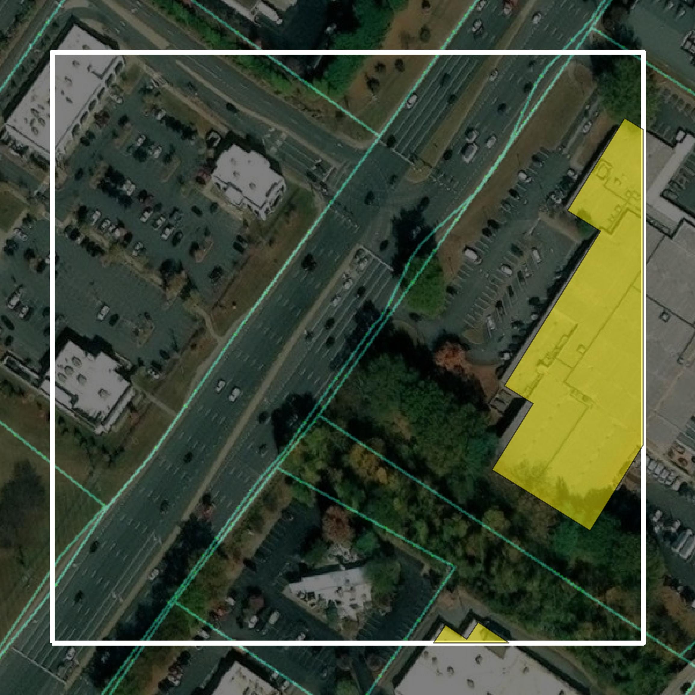 This image shows parcel and building data in Charlottesville city created using GIS data in Equator.