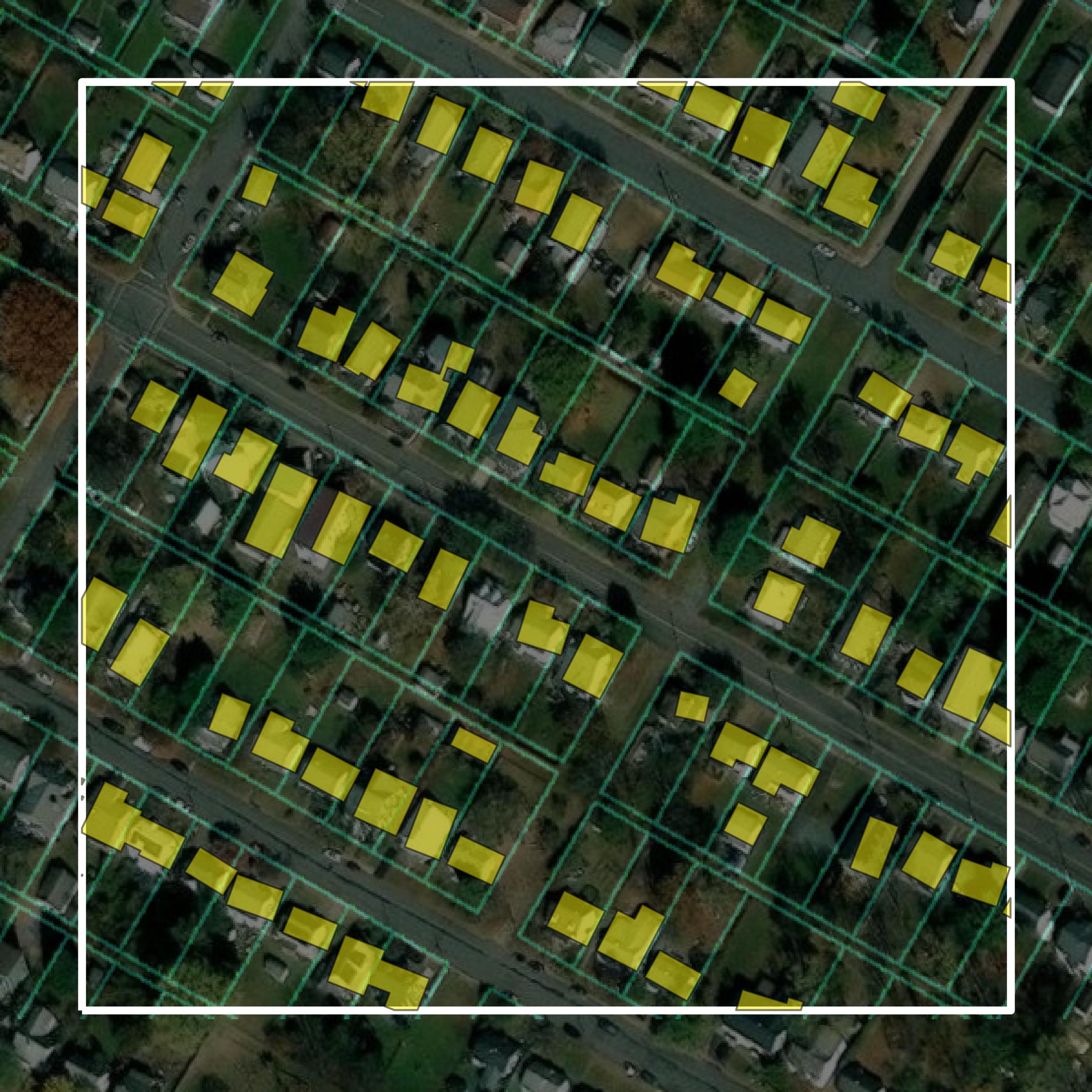 This image shows parcel and building data in Charlottesville city created using GIS data in Equator.