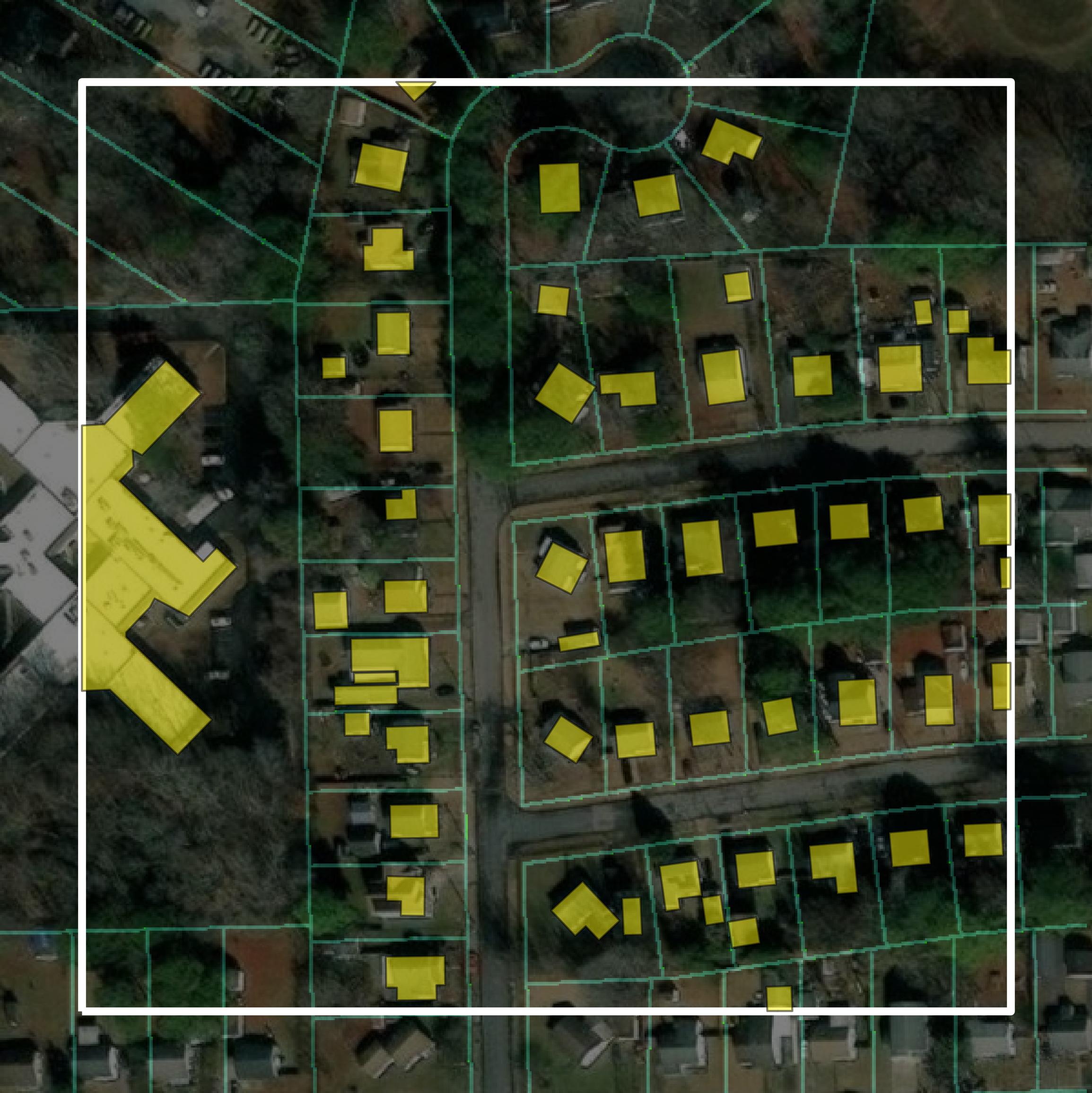 This image shows parcel and building data in Chesapeake city created using GIS data in Equator.