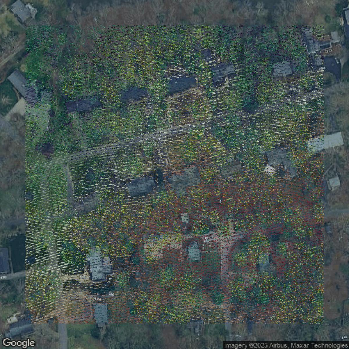 This image shows a LiDAR point cloud in Chesterfield County created using GIS data in Equator.