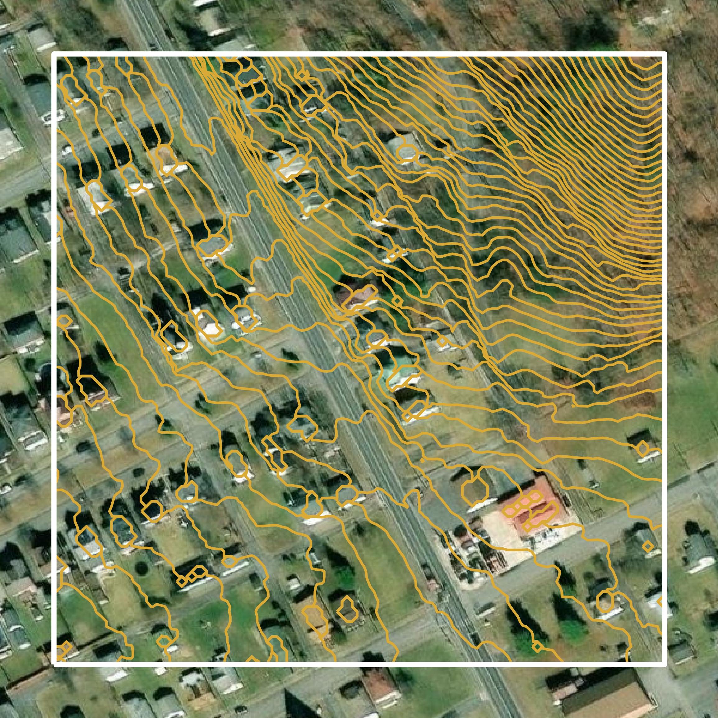 This image shows a contour map in Covington city created using GIS data in Equator.