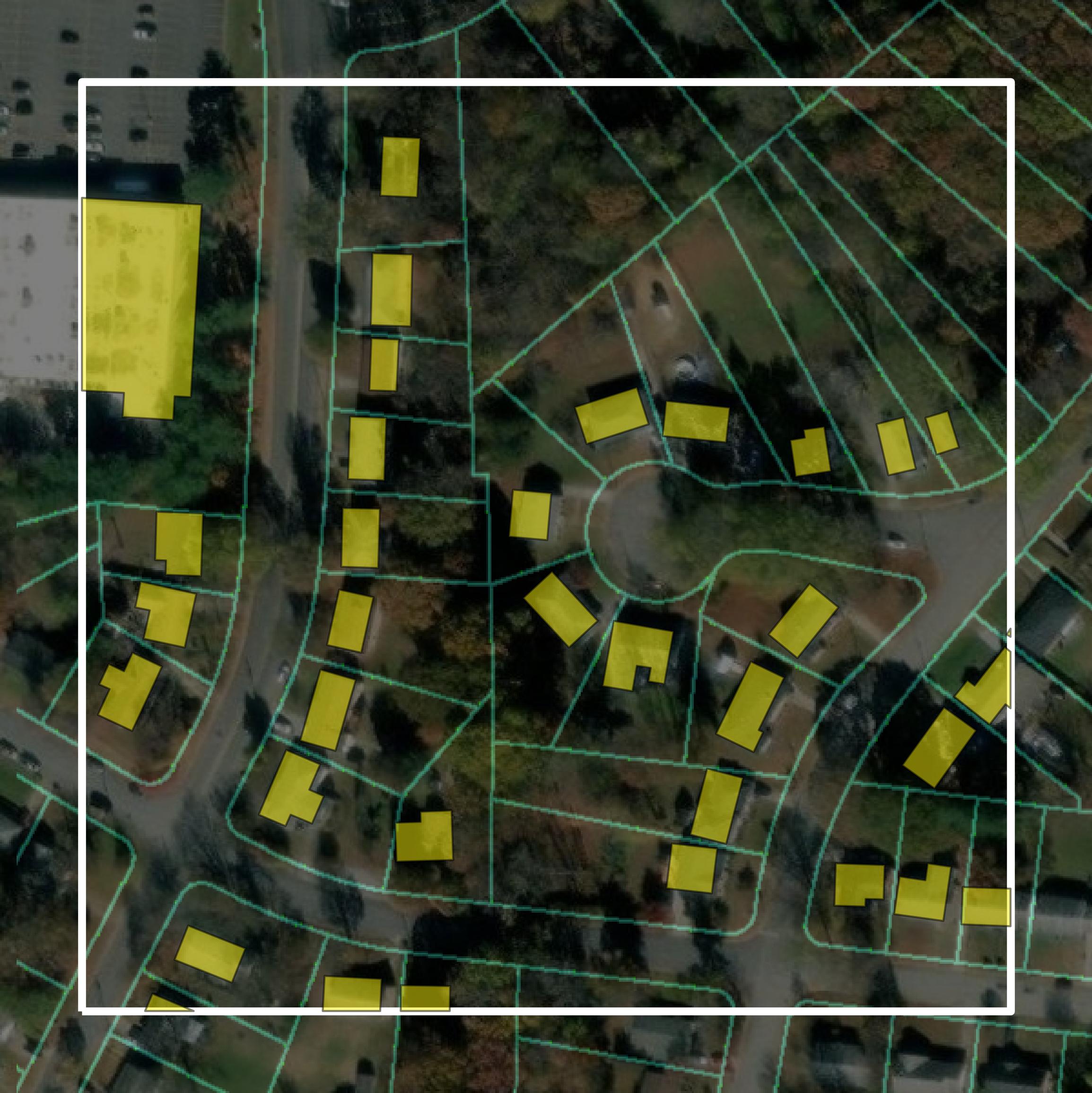 This image shows parcel and building data in Danville city created using GIS data in Equator.
