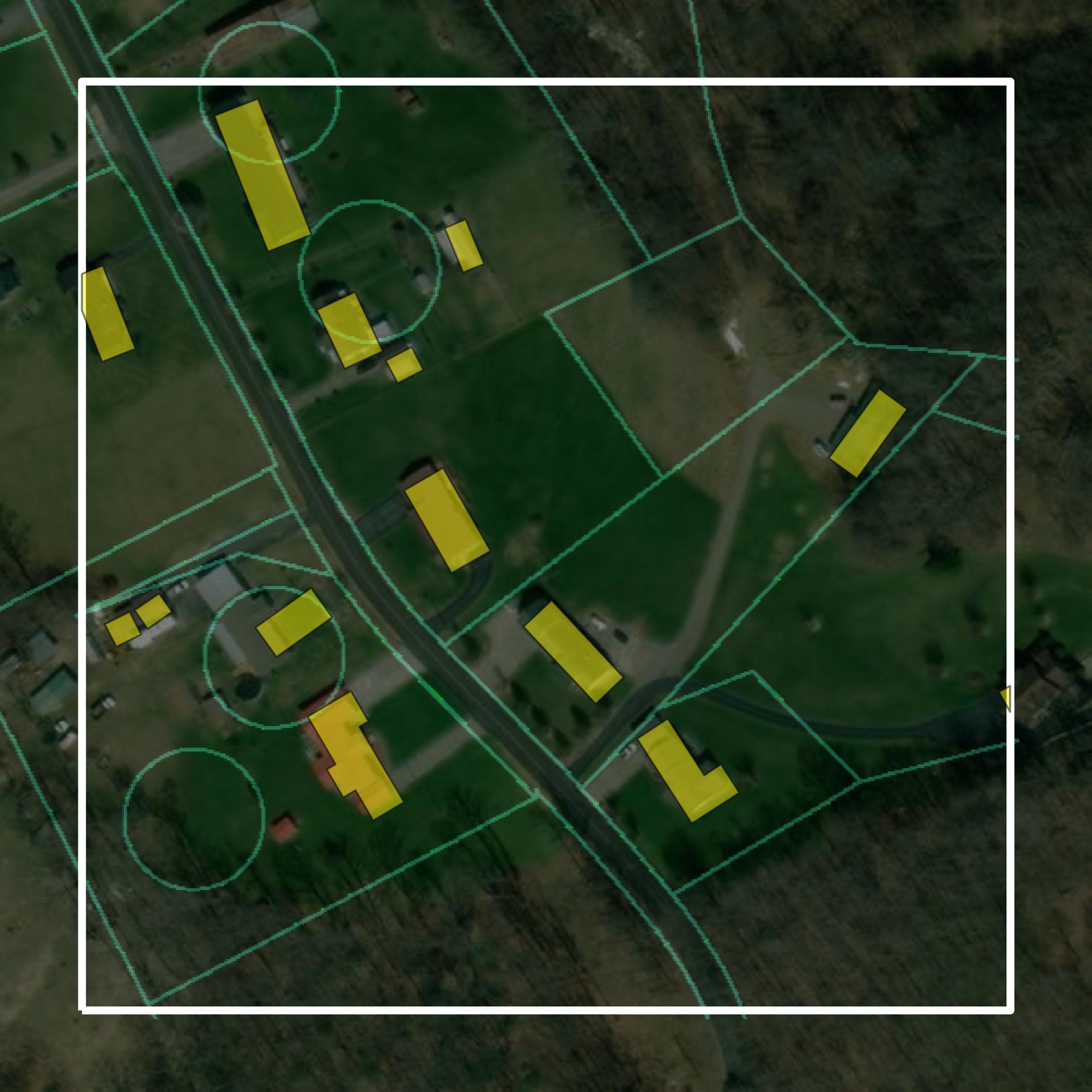 This image shows parcel and building data in Dickenson County created using GIS data in Equator.
