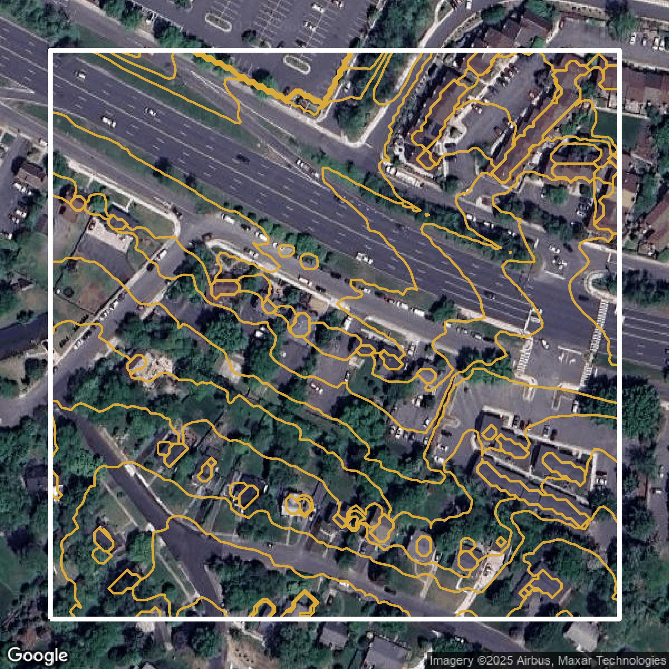 This image shows a contour map in Fairfax County created using GIS data in Equator.
