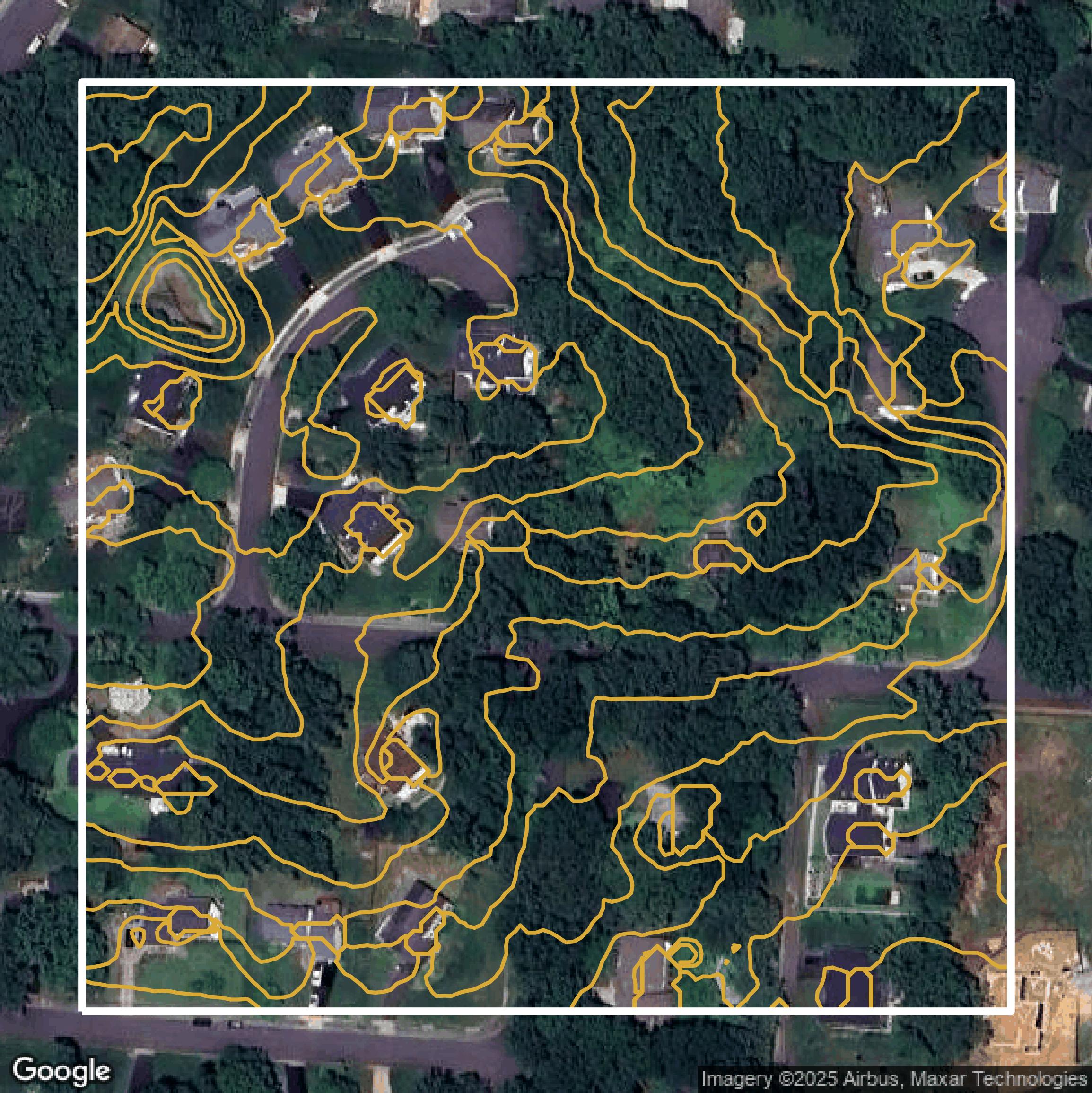 This image shows a contour map in Fairfax County created using GIS data in Equator.
