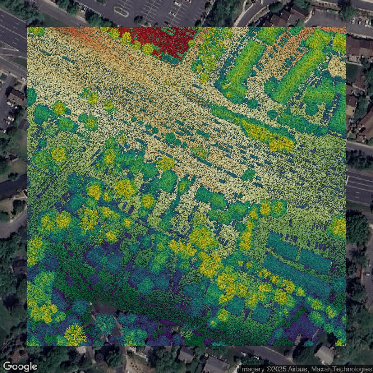 This image shows a LiDAR point cloud in Fairfax County created using GIS data in Equator.