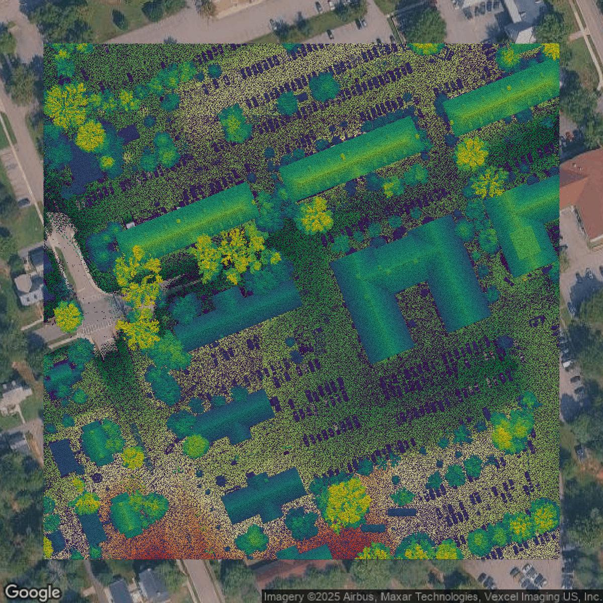 This image shows a LiDAR point cloud in Fairfax County created using GIS data in Equator.