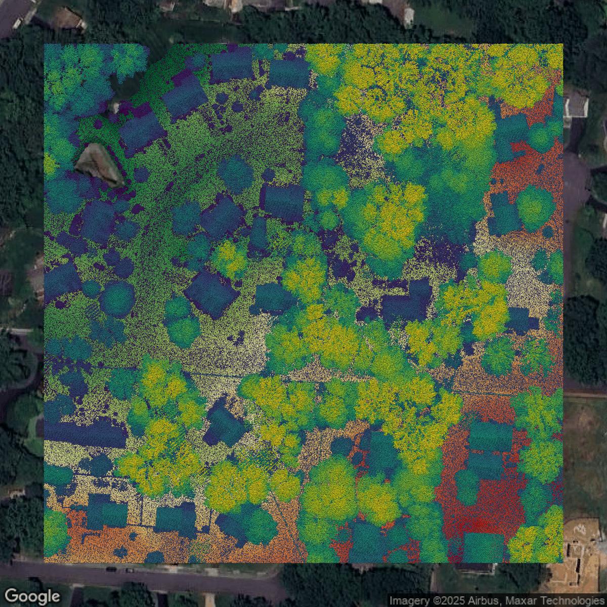 This image shows a LiDAR point cloud in Fairfax County created using GIS data in Equator.