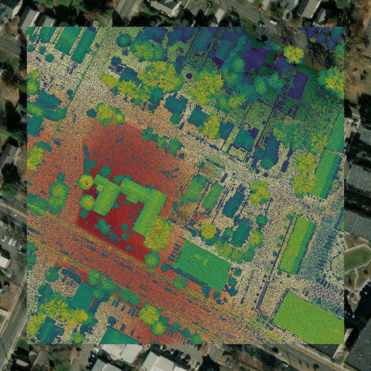 This image shows a LiDAR point cloud in Fairfax city created using GIS data in Equator.