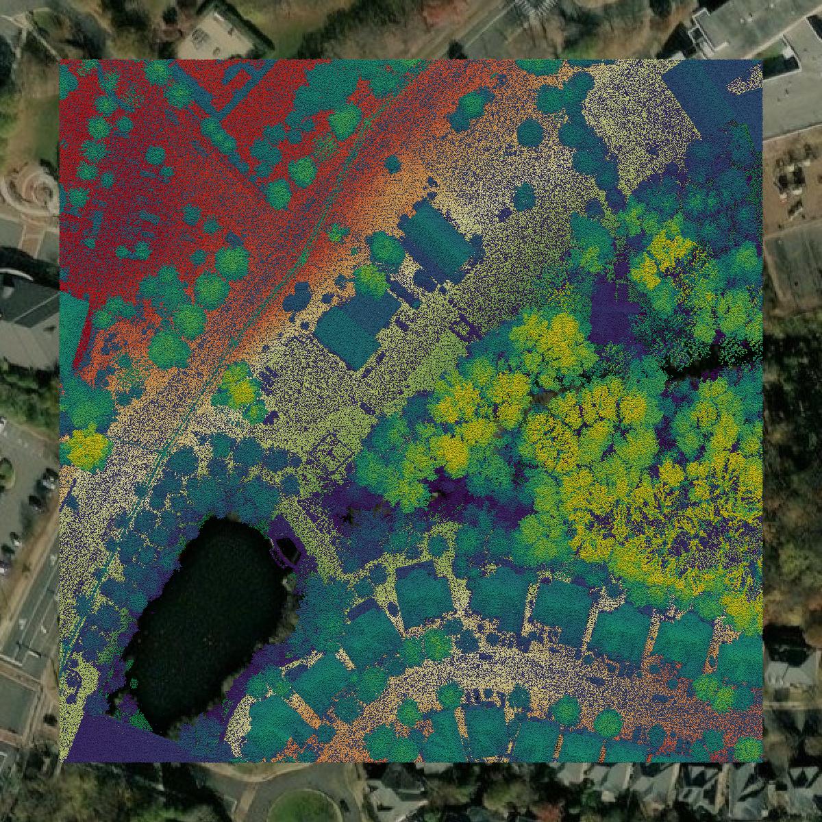 This image shows a LiDAR point cloud in Fairfax city created using GIS data in Equator.
