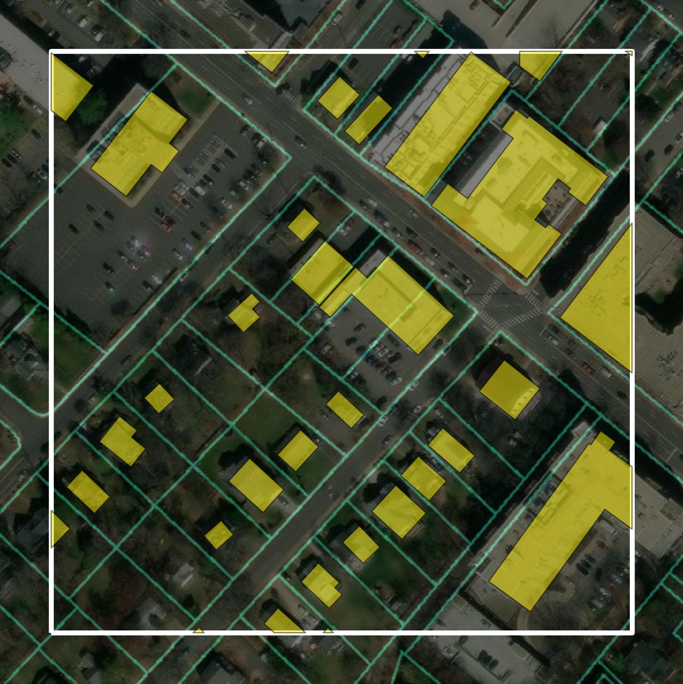 This image shows parcel and building data in Falls Church city created using GIS data in Equator.