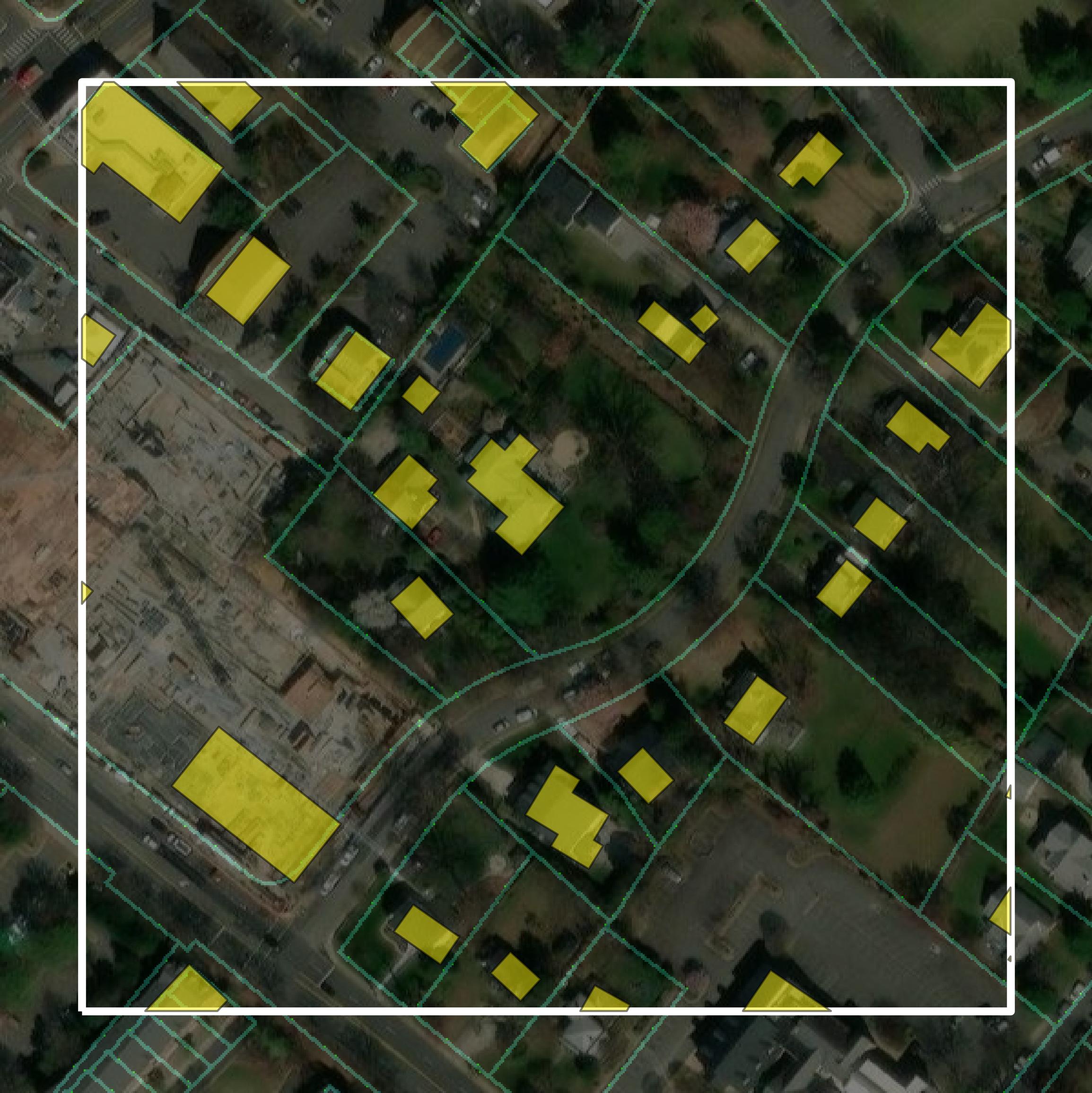 This image shows parcel and building data in Falls Church city created using GIS data in Equator.