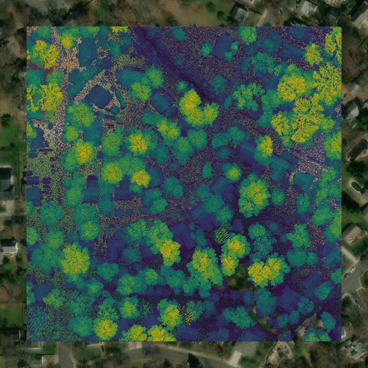 This image shows a LiDAR point cloud in Falls Church city created using GIS data in Equator.