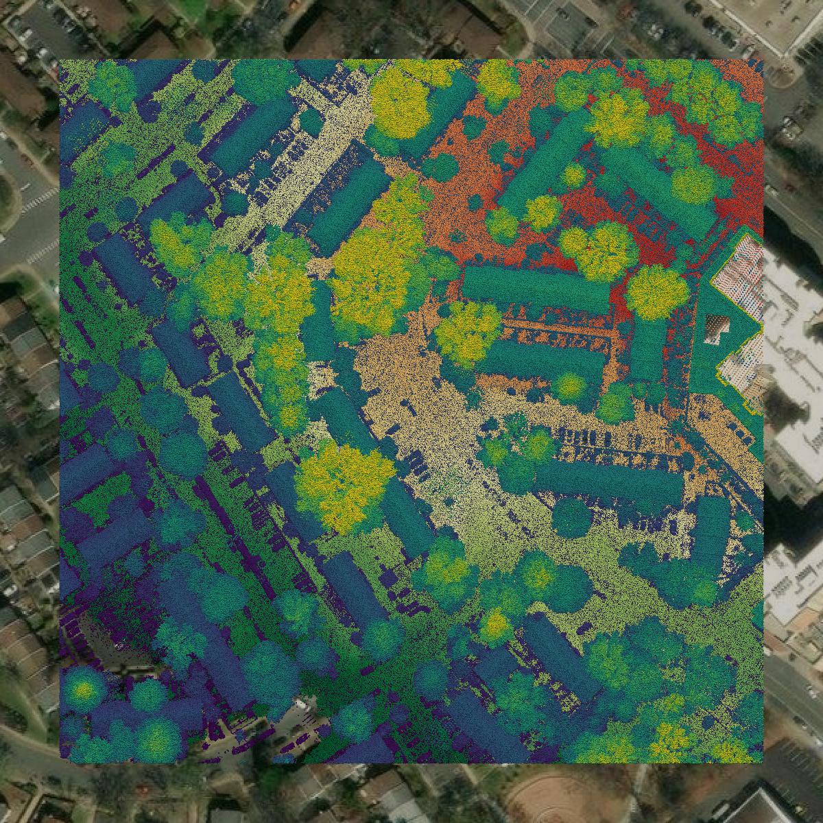 This image shows a LiDAR point cloud in Falls Church city created using GIS data in Equator.