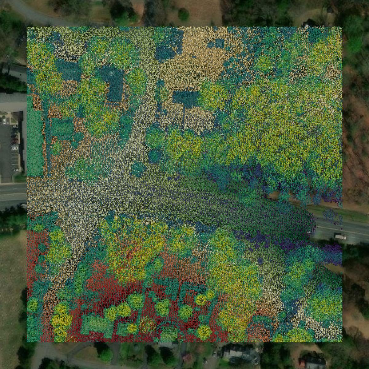 This image shows a LiDAR point cloud in Fredericksburg city created using GIS data in Equator.