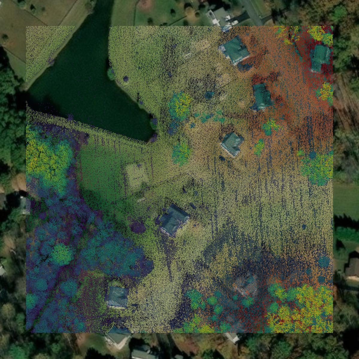 This image shows a LiDAR point cloud in Greene County created using GIS data in Equator.