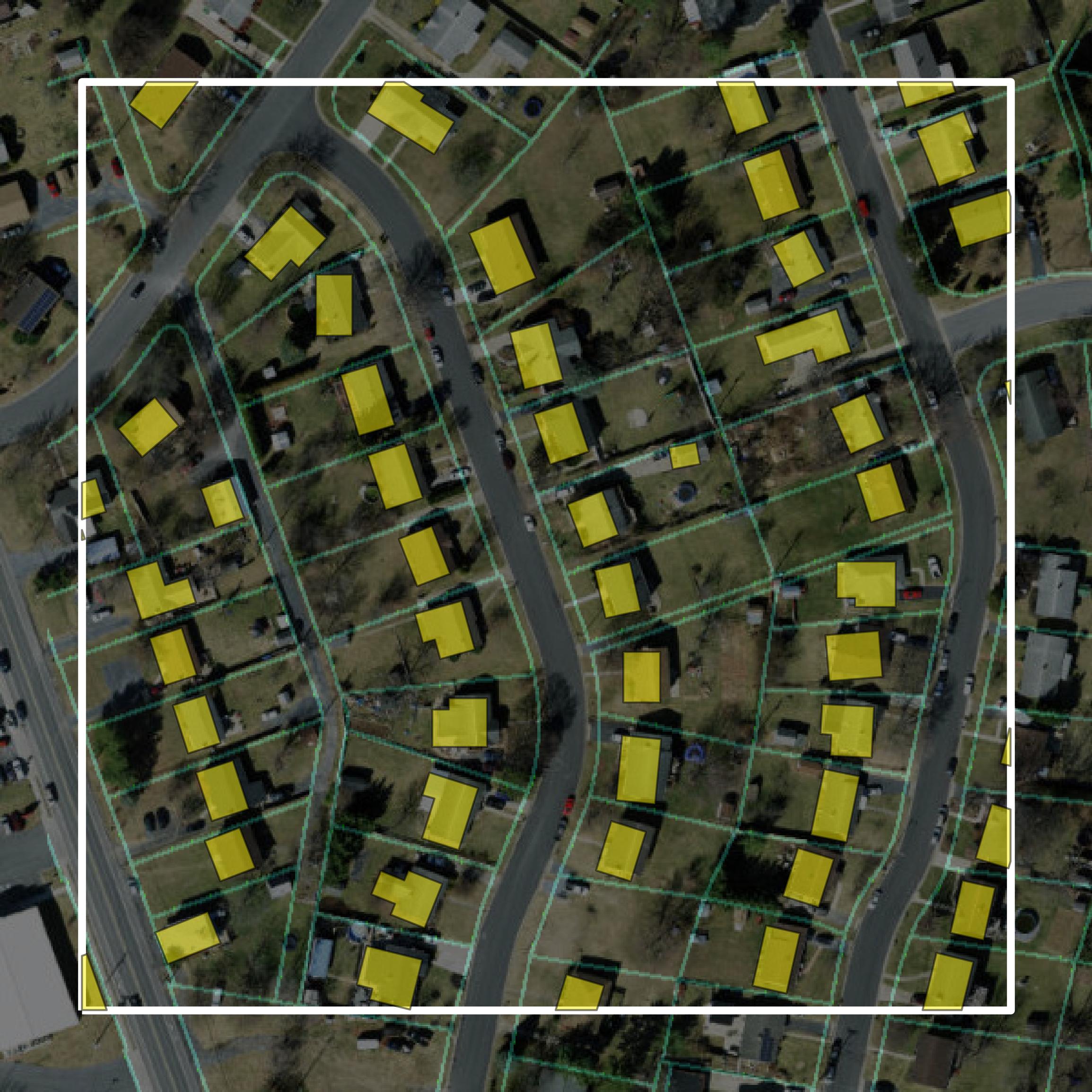 This image shows parcel and building data in Harrisonburg city created using GIS data in Equator.