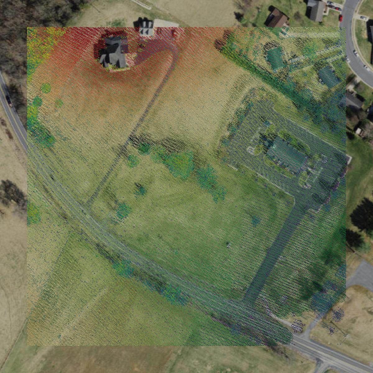 This image shows a LiDAR point cloud in Harrisonburg city created using GIS data in Equator.