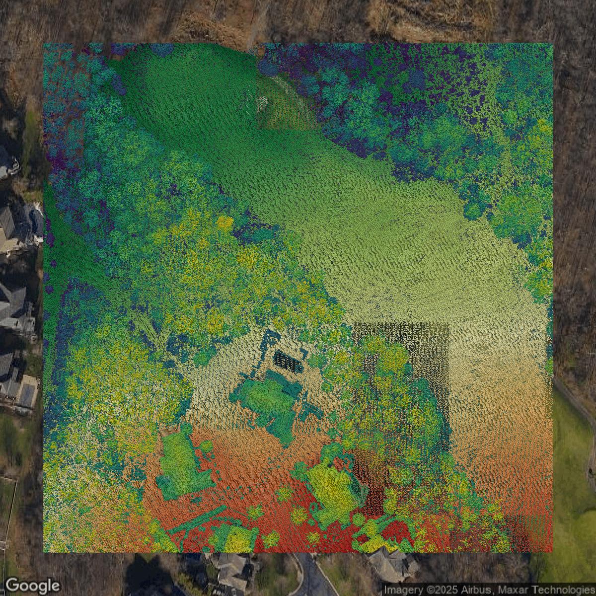 This image shows a LiDAR point cloud in Loudoun County created using GIS data in Equator.