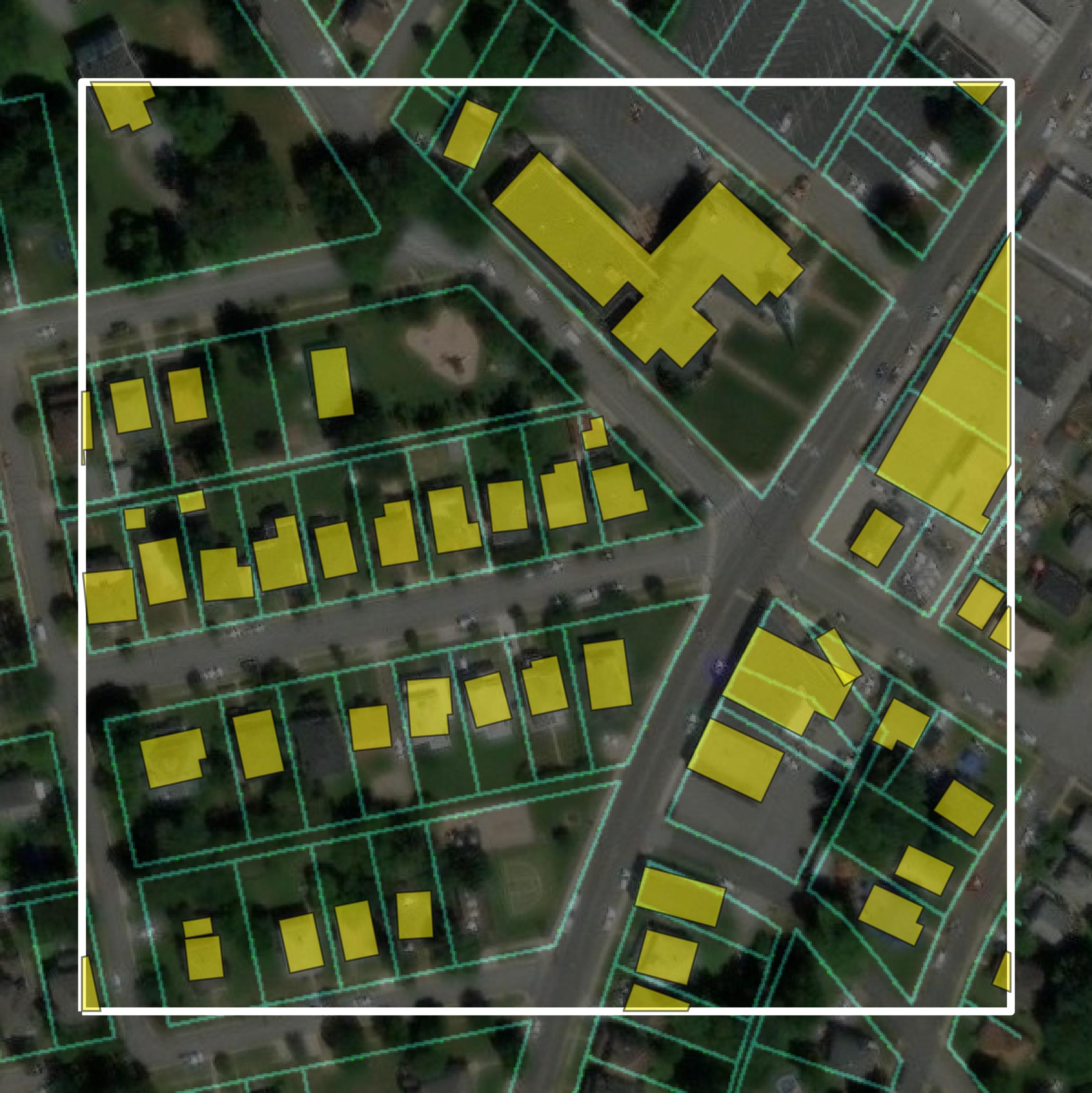This image shows parcel and building data in Lynchburg city created using GIS data in Equator.
