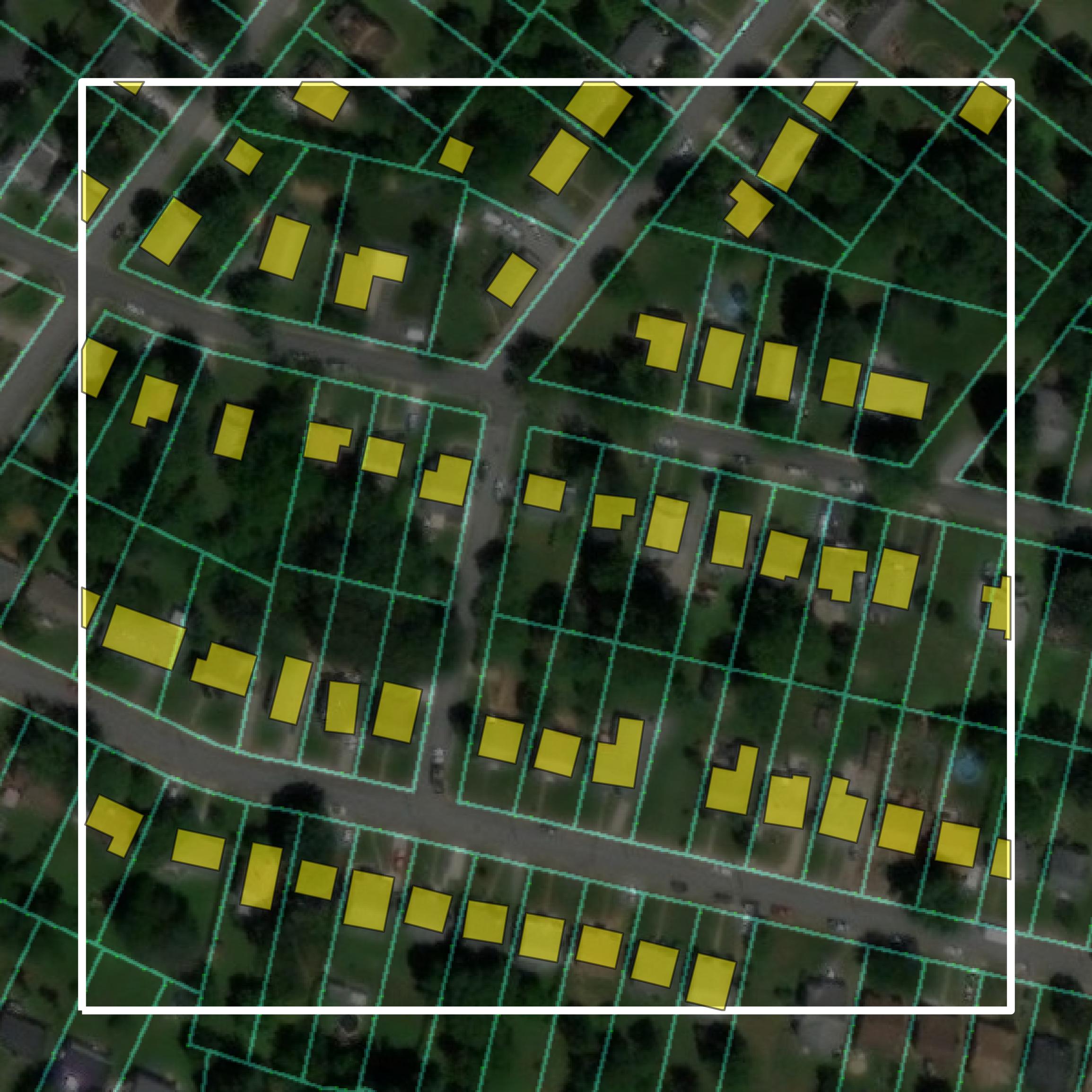 This image shows parcel and building data in Lynchburg city created using GIS data in Equator.