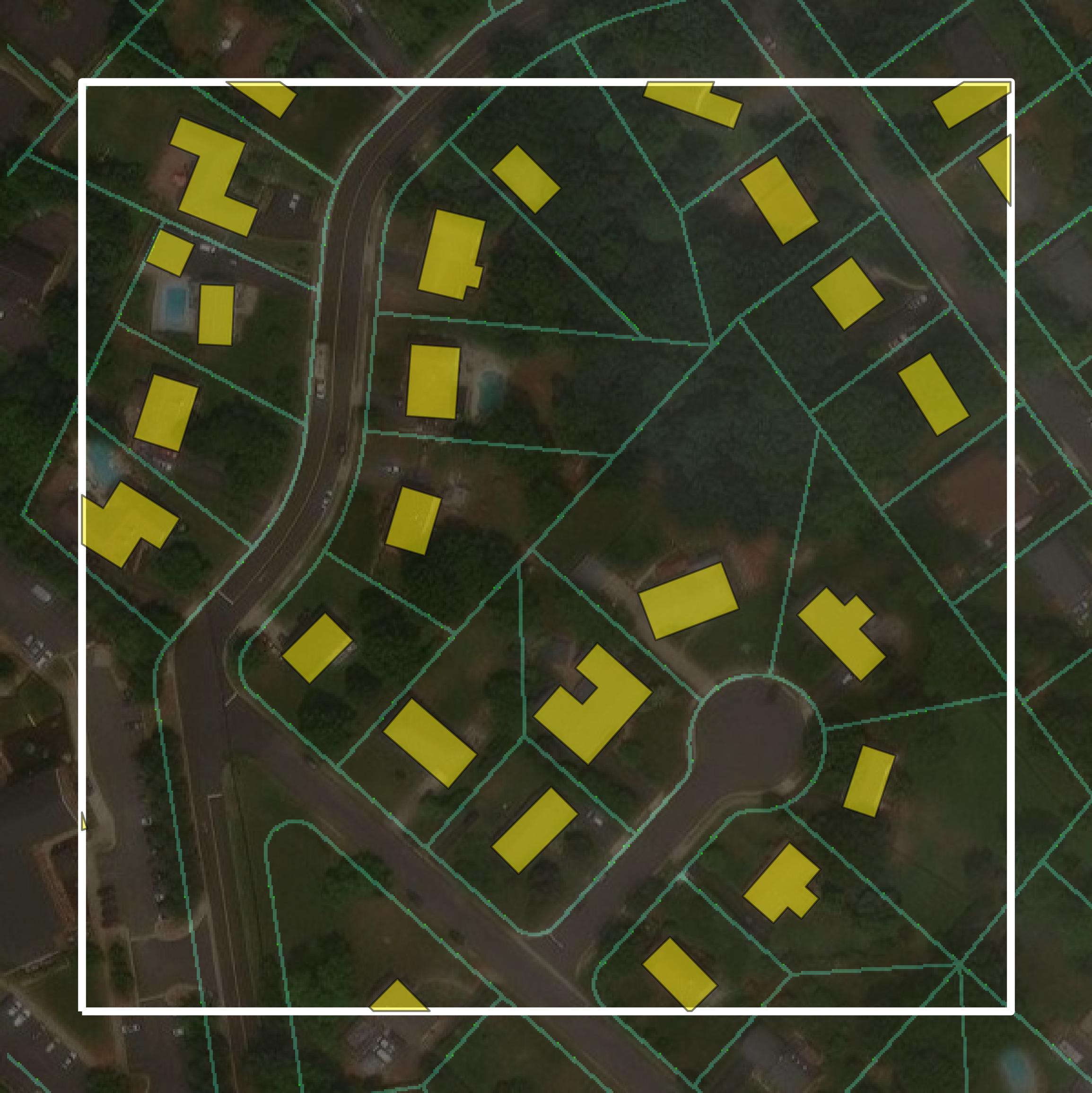 This image shows parcel and building data in Manassas city created using GIS data in Equator.