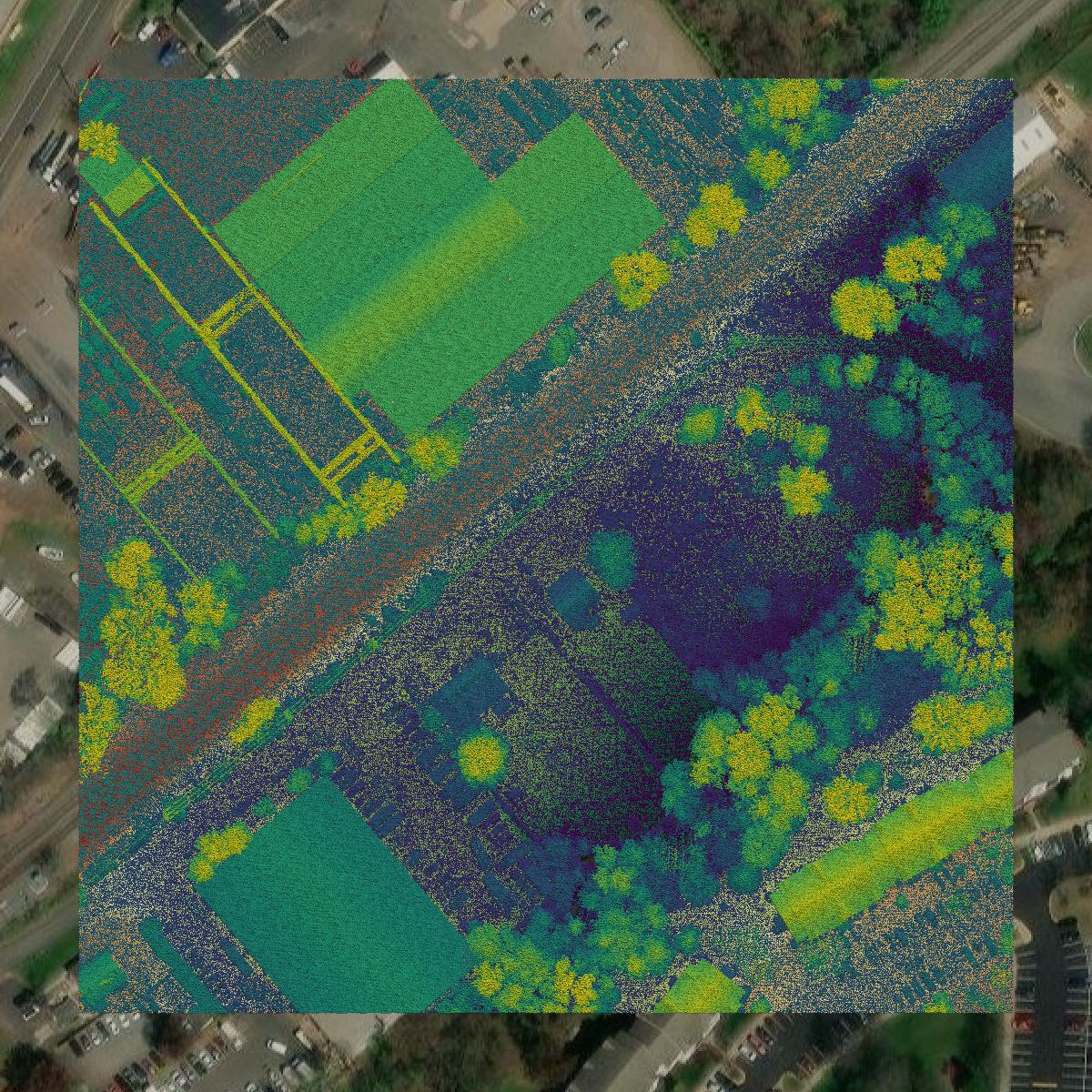 This image shows a LiDAR point cloud in Manassas city created using GIS data in Equator.