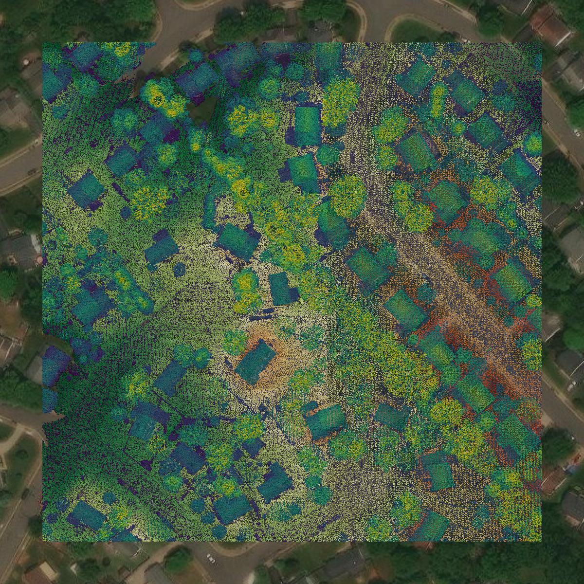 This image shows a LiDAR point cloud in Manassas city created using GIS data in Equator.