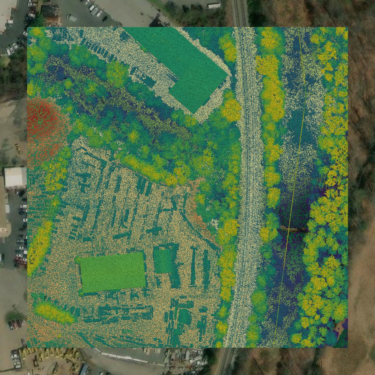 This image shows a LiDAR point cloud in Manassas Park city created using GIS data in Equator.
