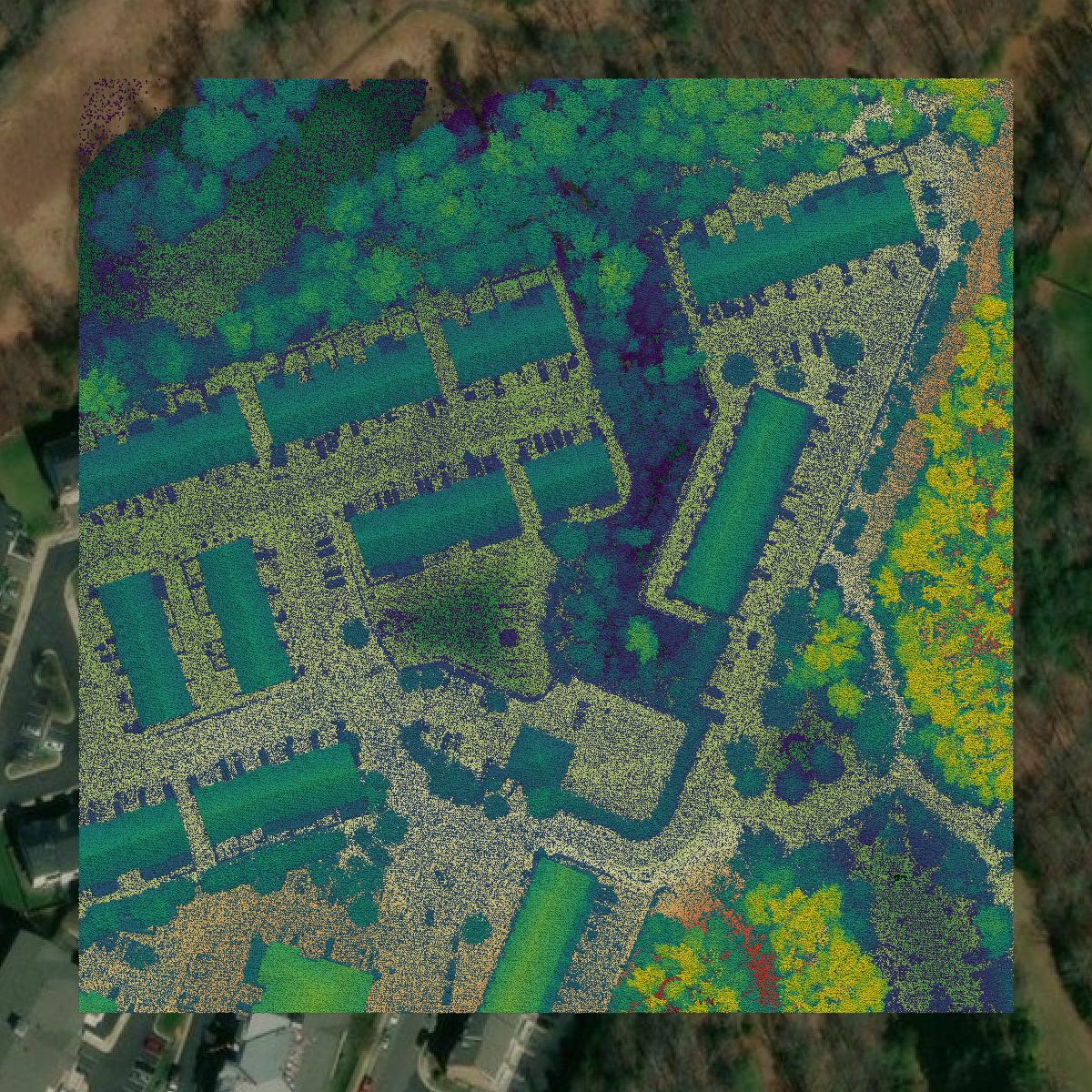 This image shows a LiDAR point cloud in Manassas Park city created using GIS data in Equator.