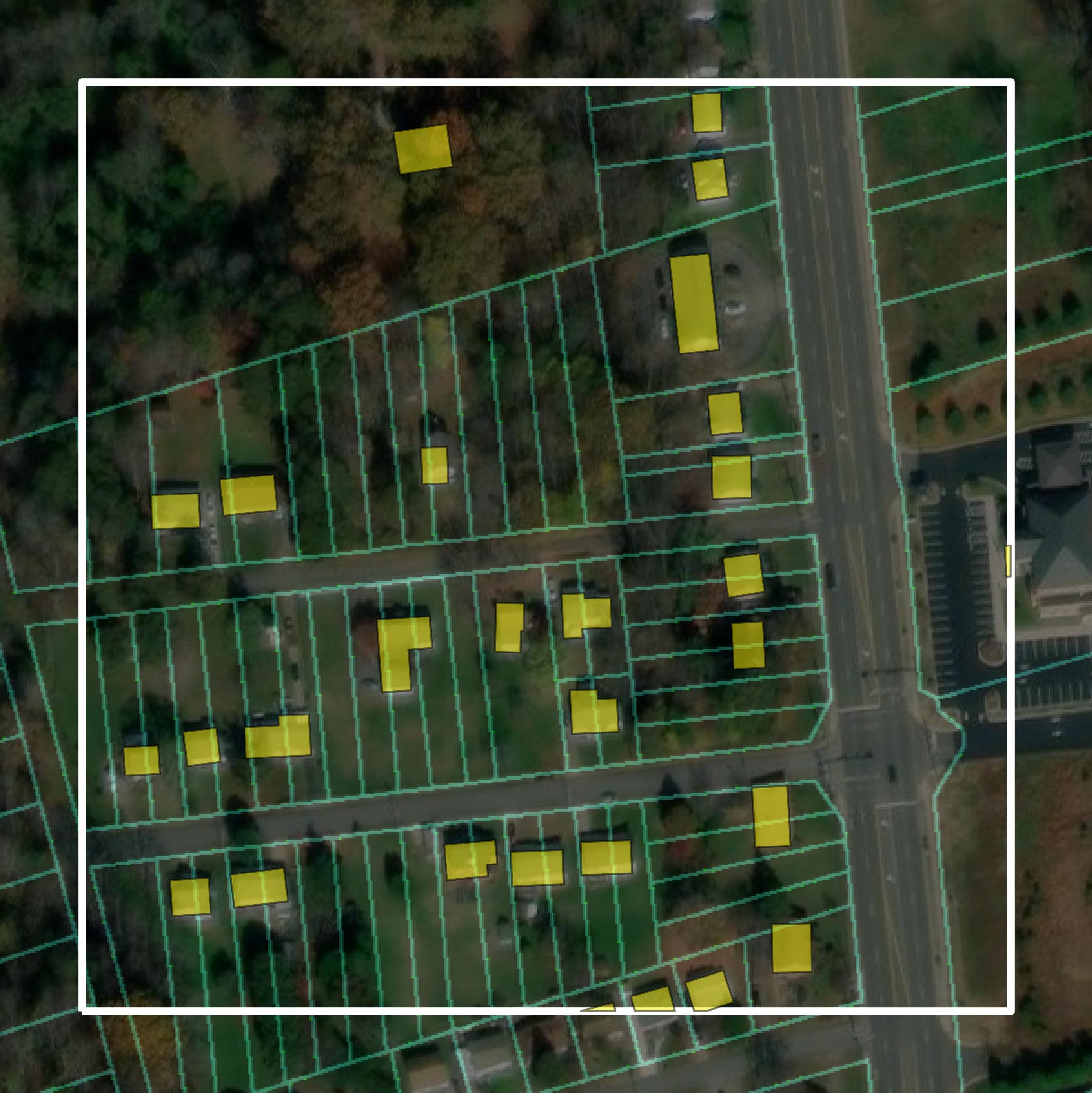This image shows parcel and building data in Martinsville city created using GIS data in Equator.
