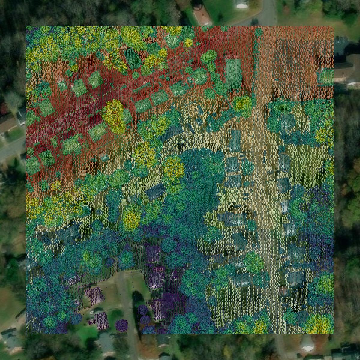 This image shows a LiDAR point cloud in Martinsville city created using GIS data in Equator.