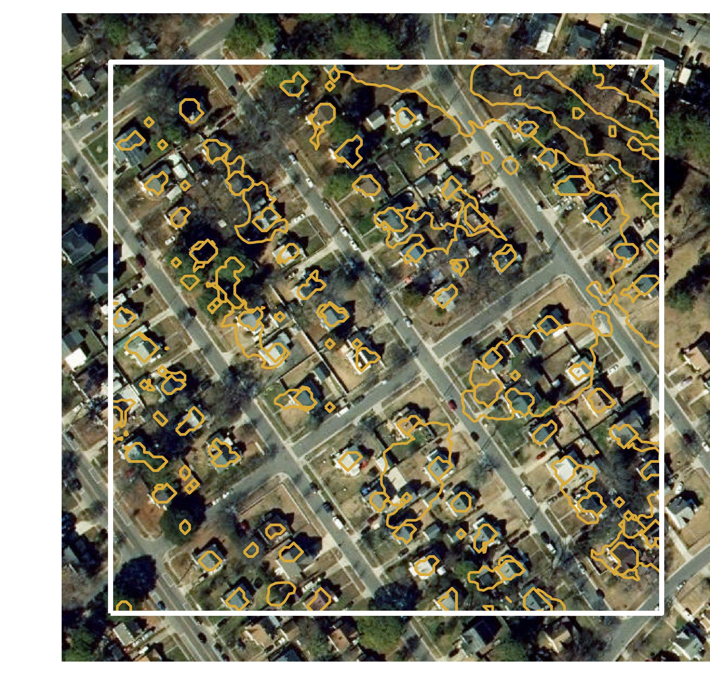 This image shows parcel and building data in Mecklenburg County created using GIS data in Equator.
