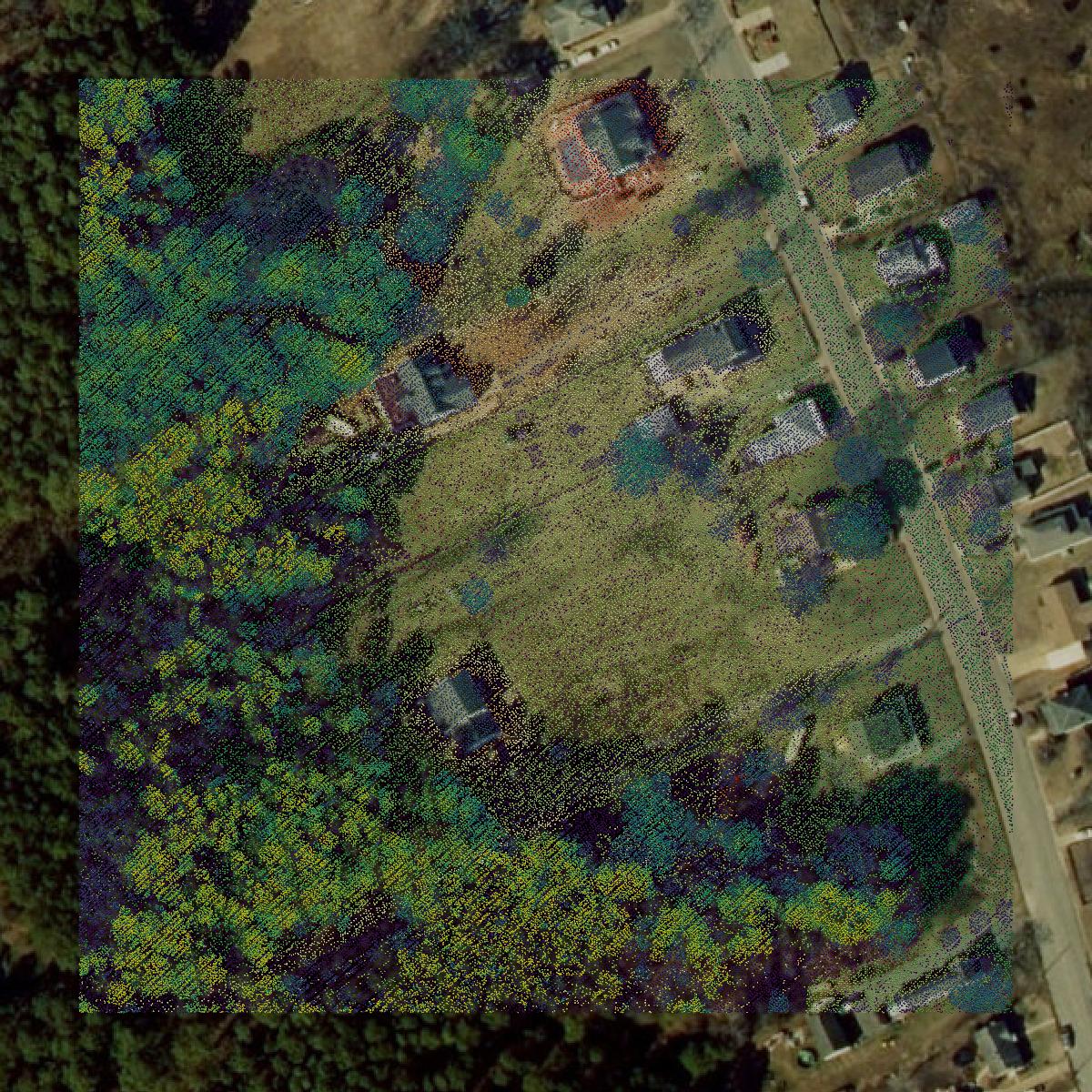 This image shows a LiDAR point cloud in Poquoson city created using GIS data in Equator.
