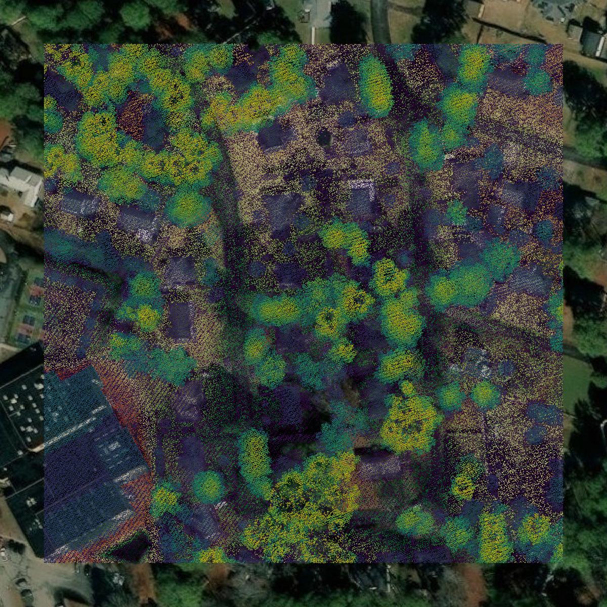 This image shows a LiDAR point cloud in Portsmouth city created using GIS data in Equator.