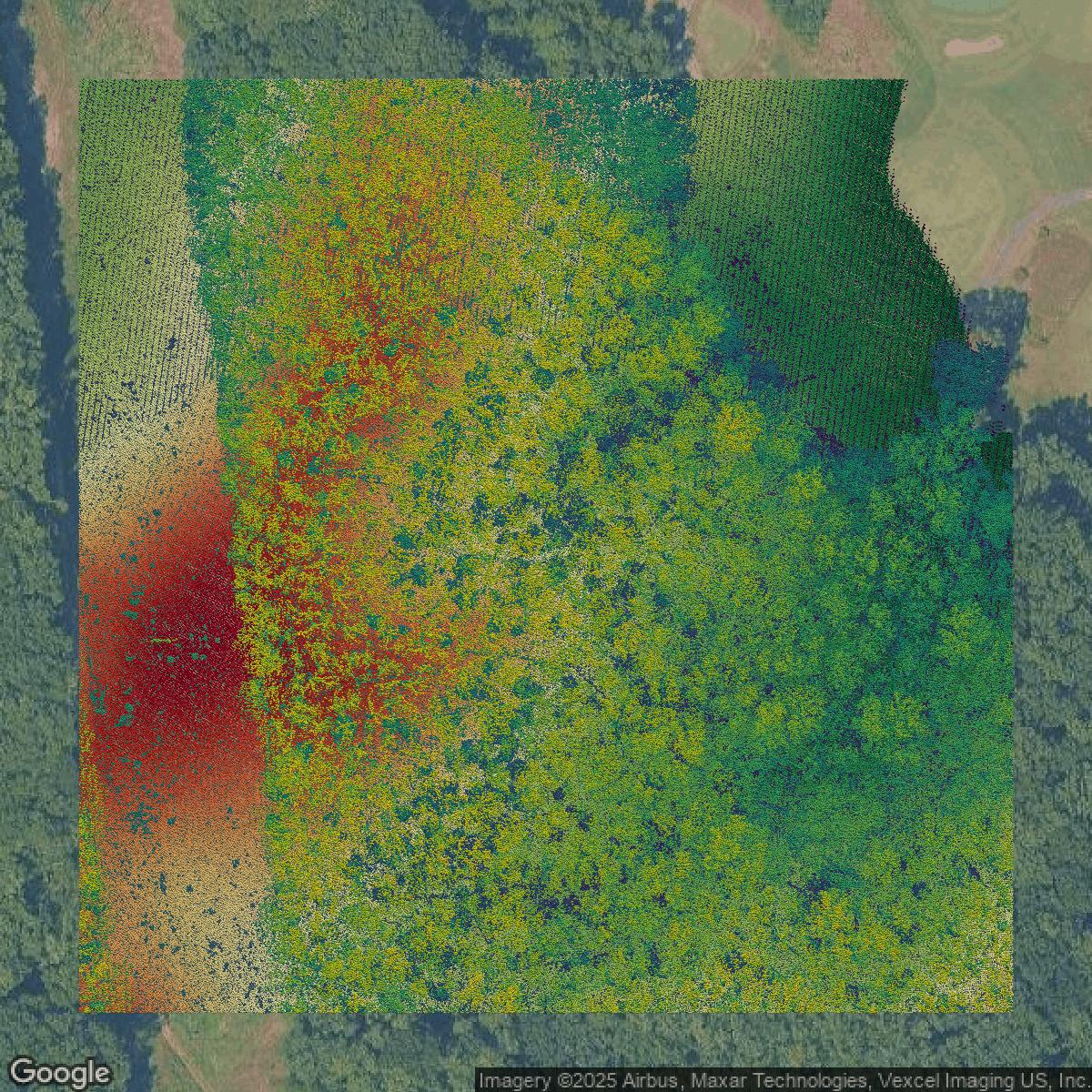 This image shows a LiDAR point cloud in Prince William County created using GIS data in Equator.