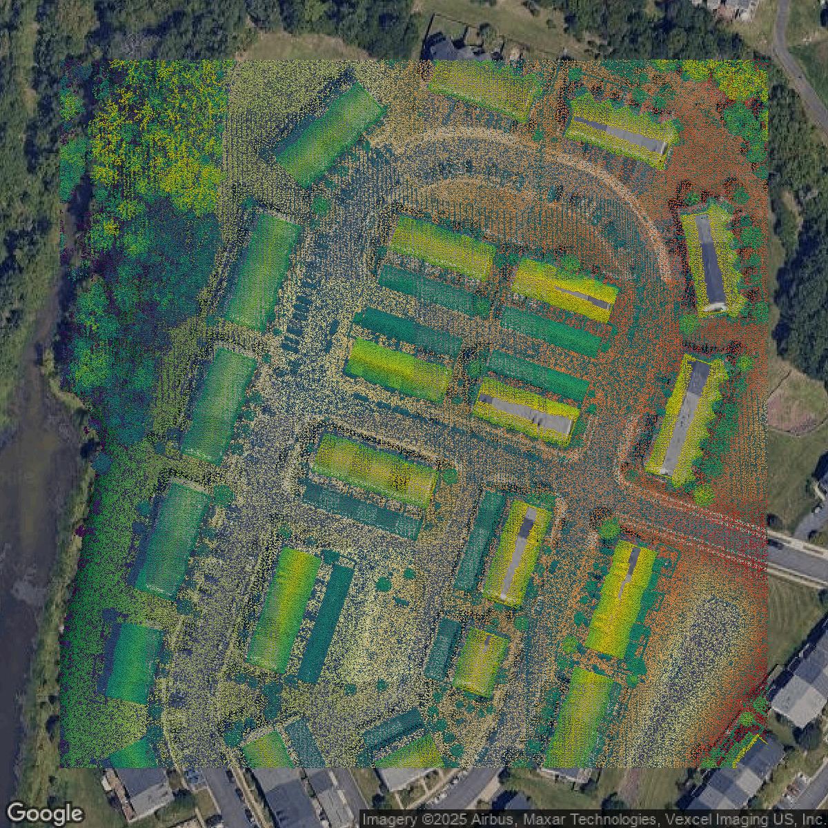 This image shows a LiDAR point cloud in Prince William County created using GIS data in Equator.