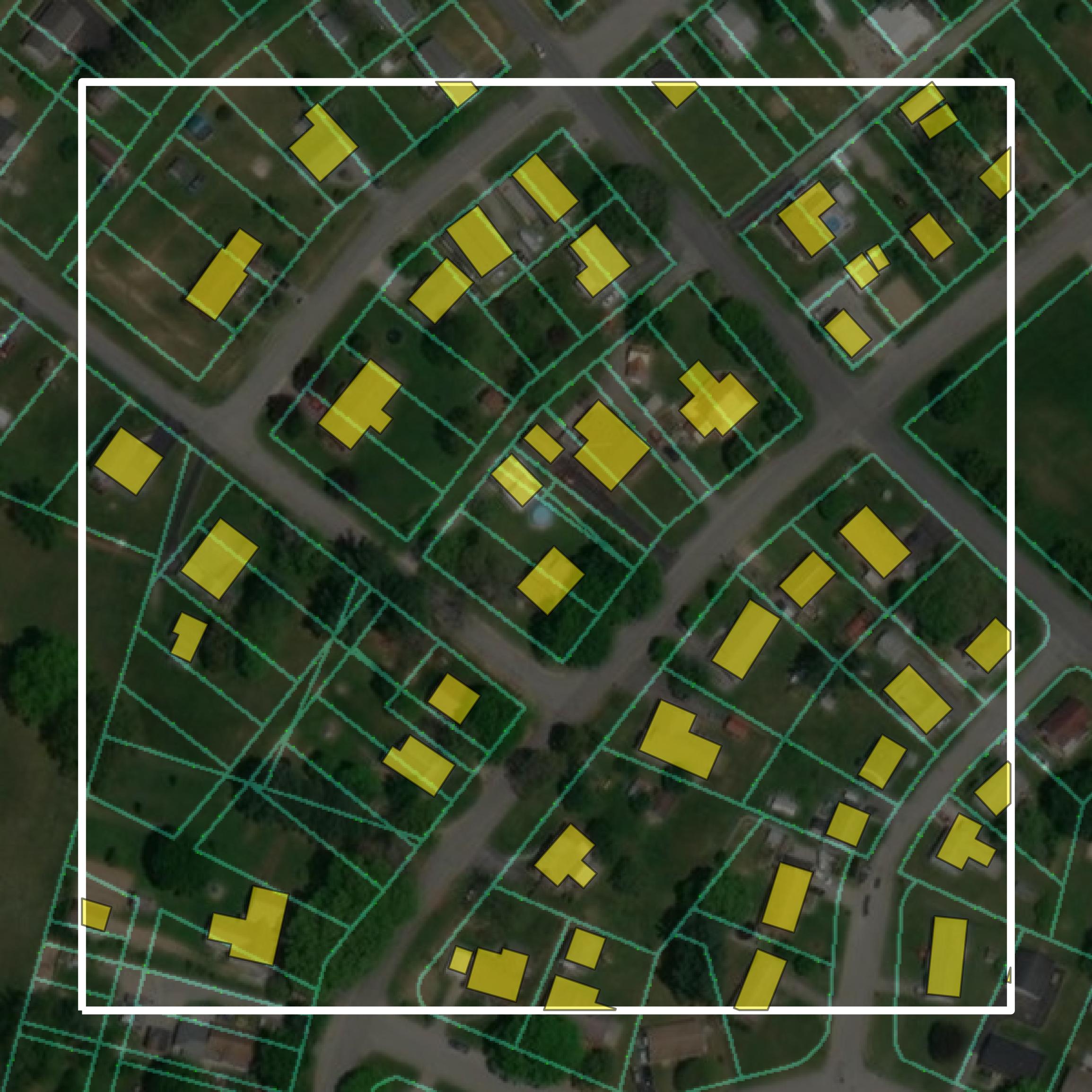 This image shows parcel and building data in Radford city created using GIS data in Equator.