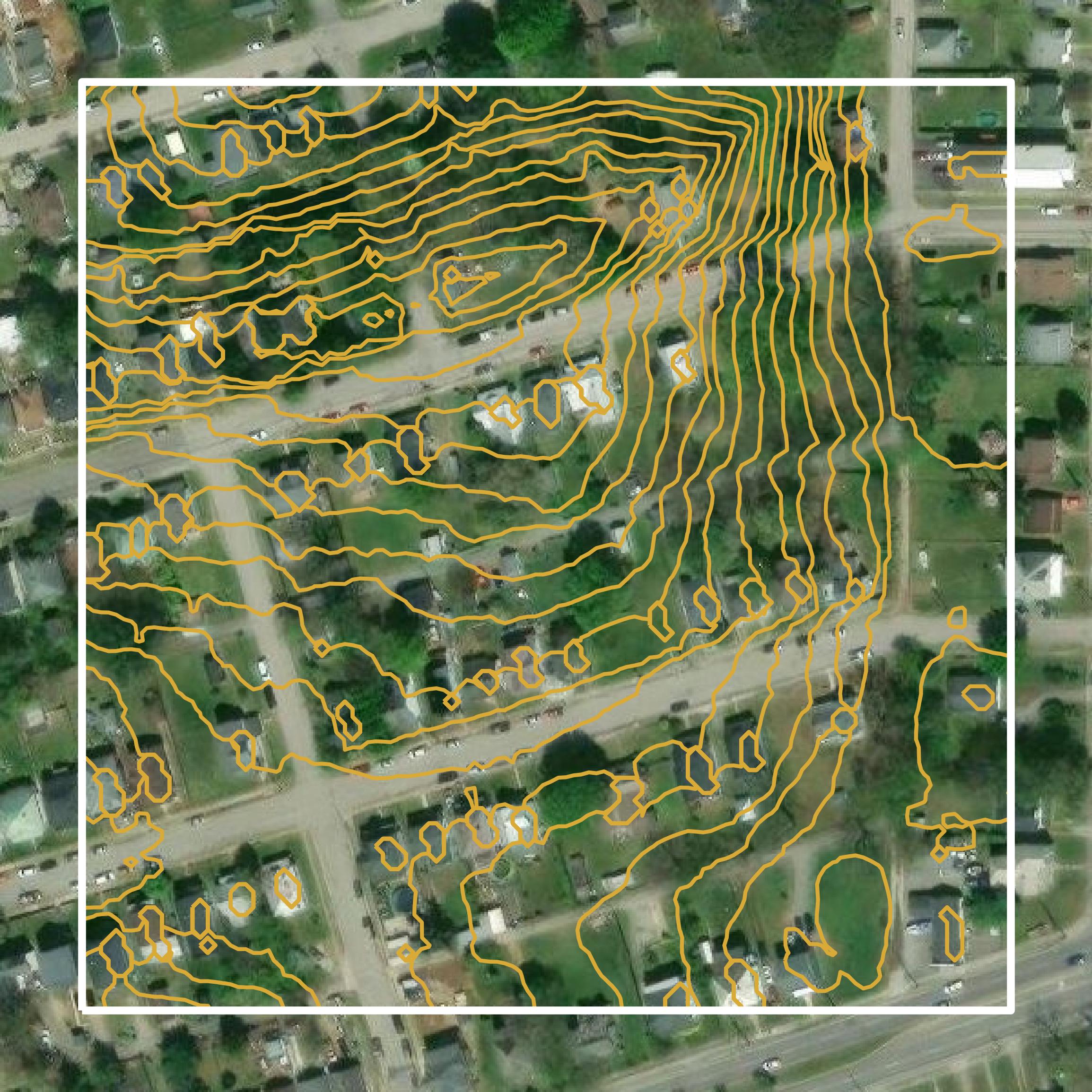This image shows a contour map in Roanoke city created using GIS data in Equator.