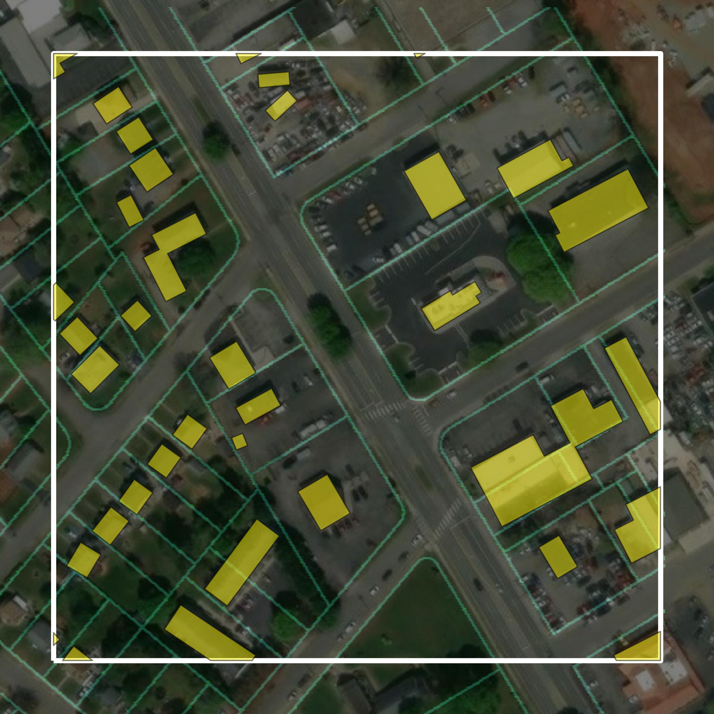 This image shows parcel and building data in Roanoke city created using GIS data in Equator.