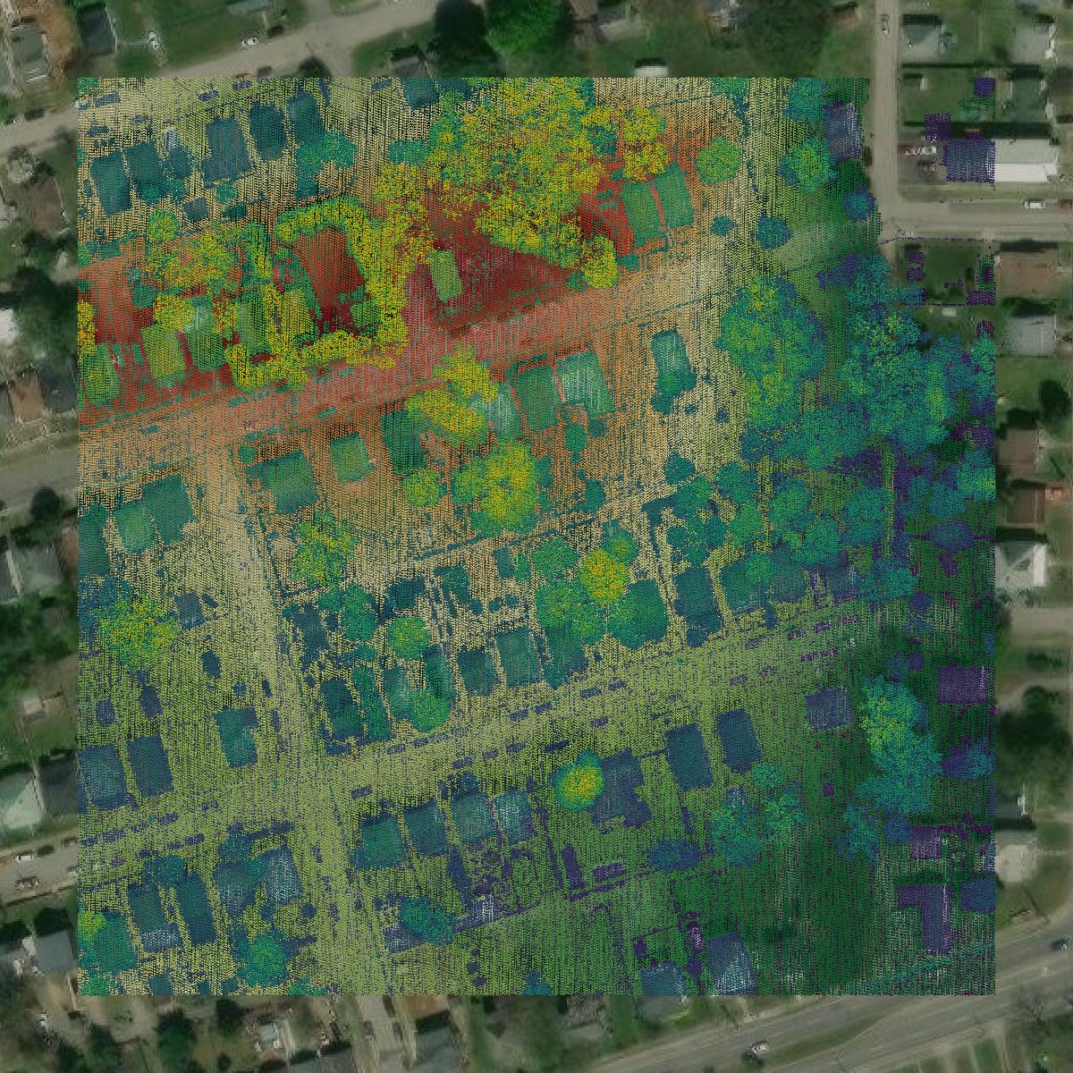 This image shows a LiDAR point cloud in Roanoke city created using GIS data in Equator.