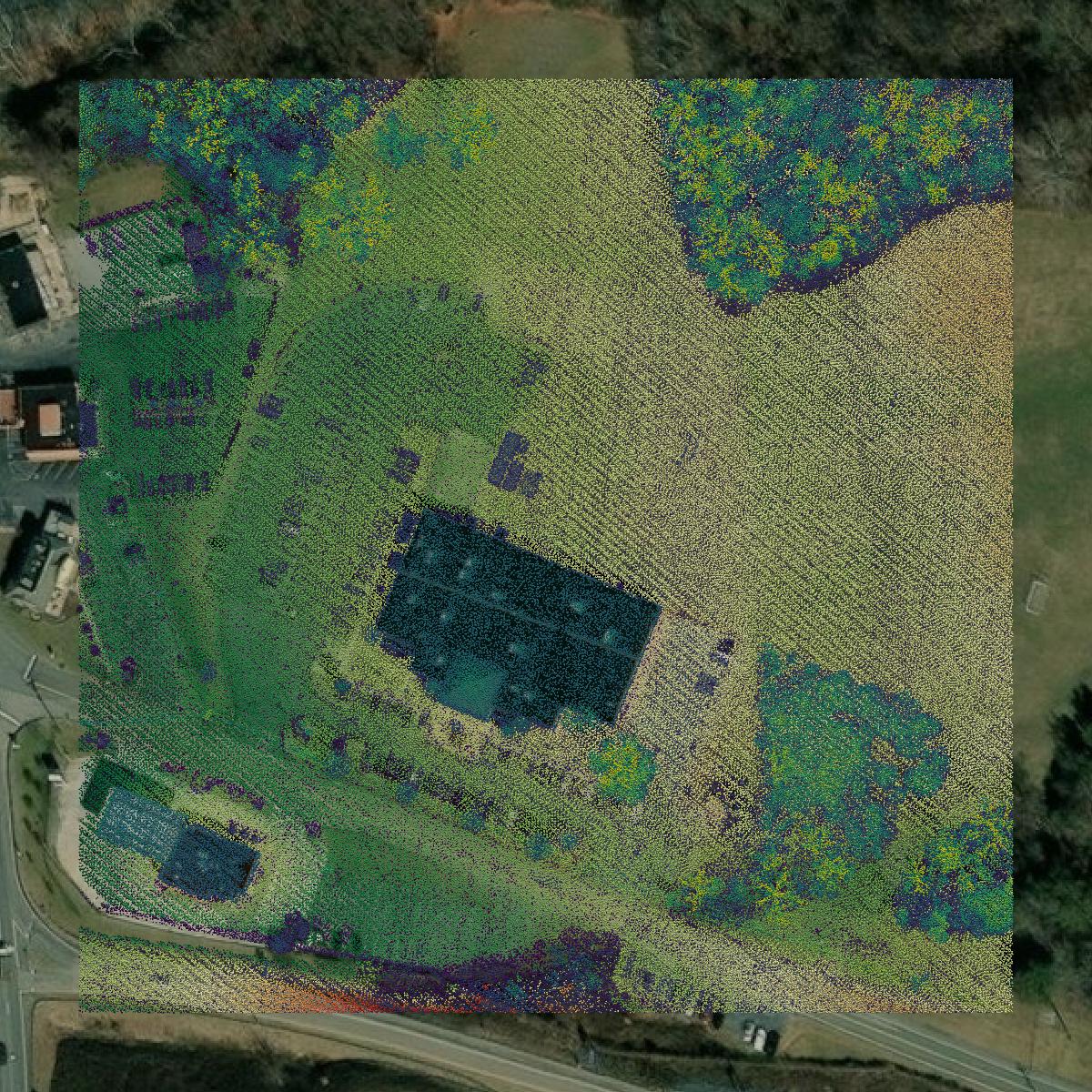 This image shows a LiDAR point cloud in Rockingham County created using GIS data in Equator.